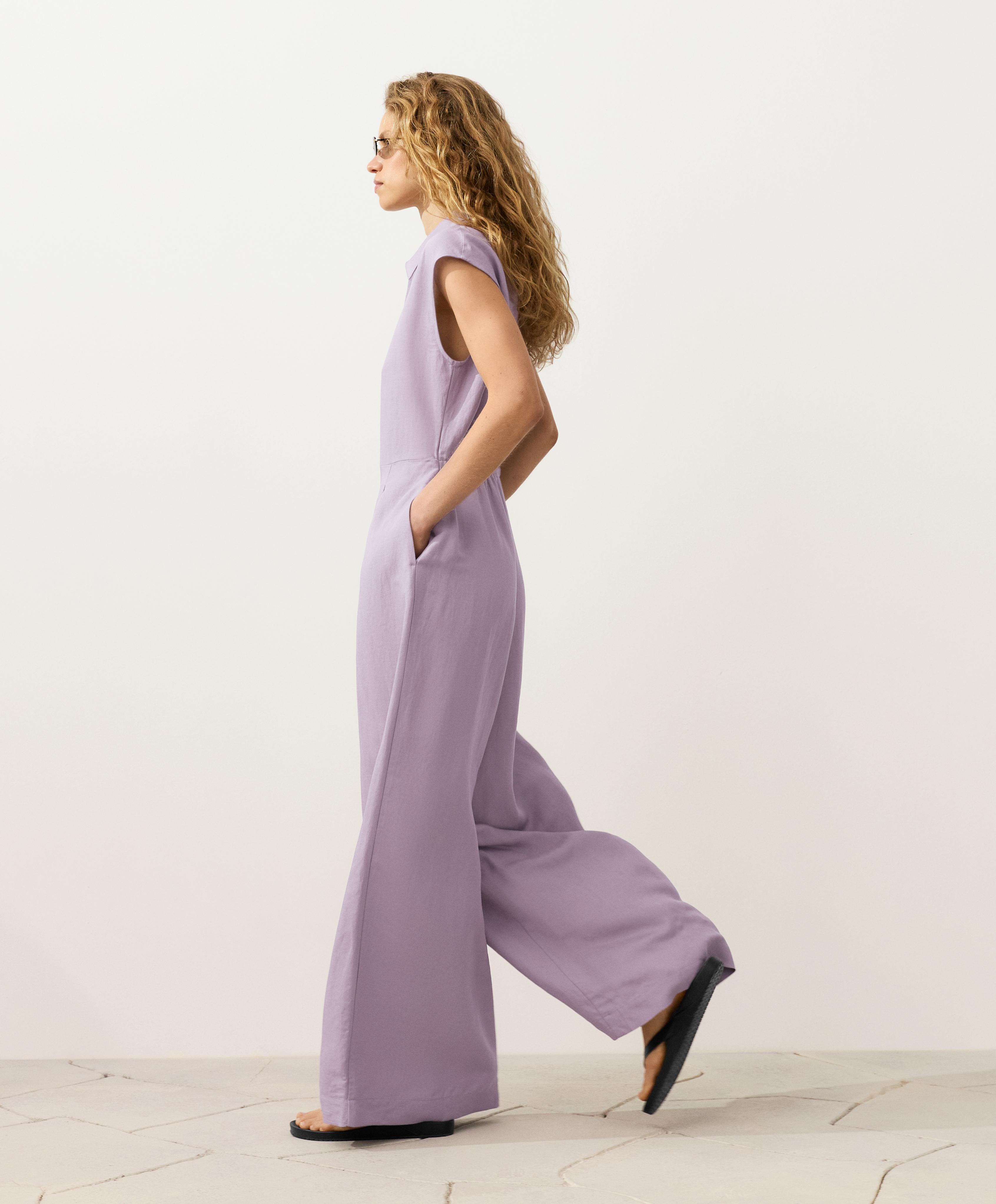 Linen long jumpsuit with lapel collar — LILAC