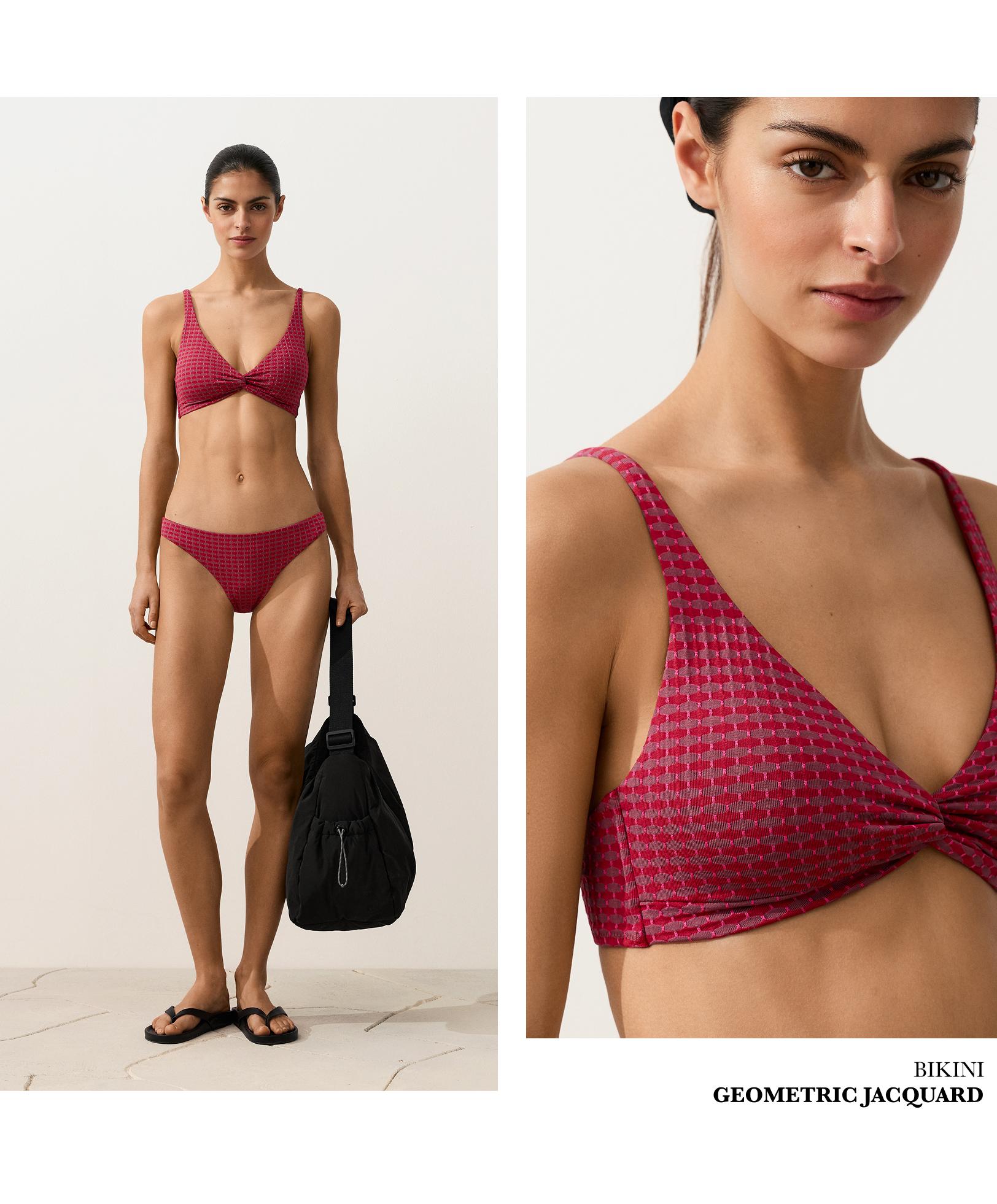 Geometric jacquard halter bikini top — FUCHSIA