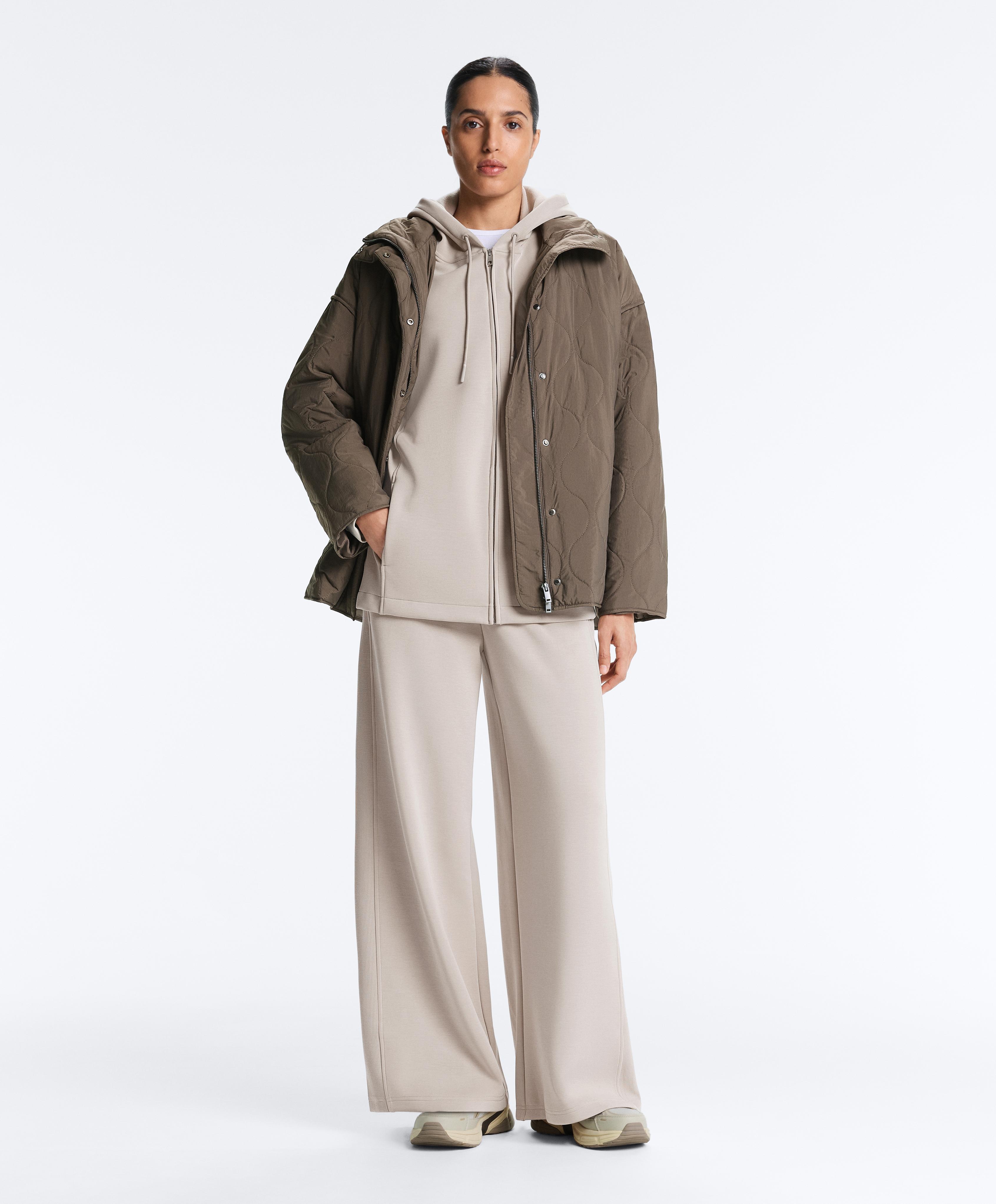 Long hooded jacket with rib details and brushed modal — TAUPE