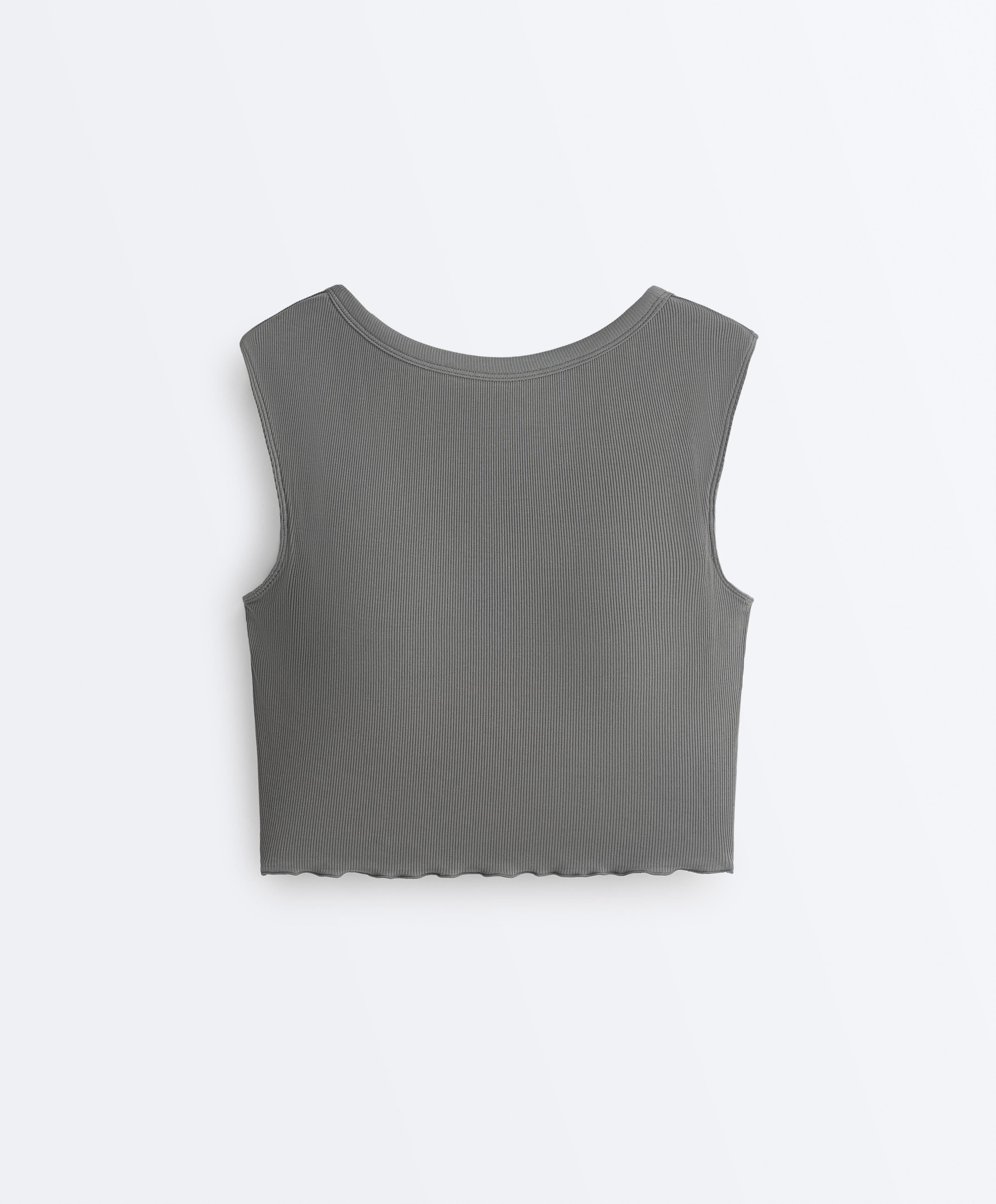 Rib modal blend short sleeve tank top with curling detail — MID GREY