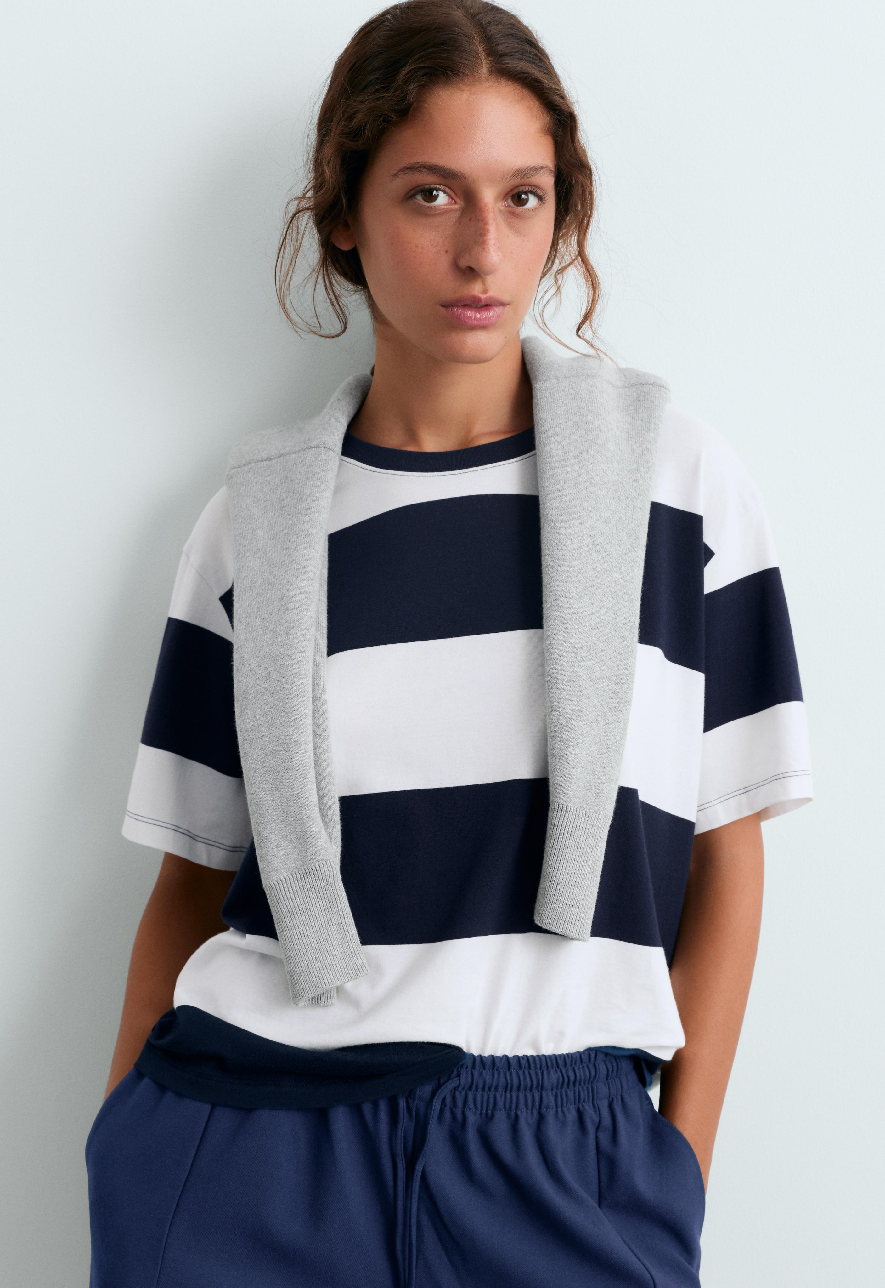 Boxy cotton-blend T-shirt with wide stripes