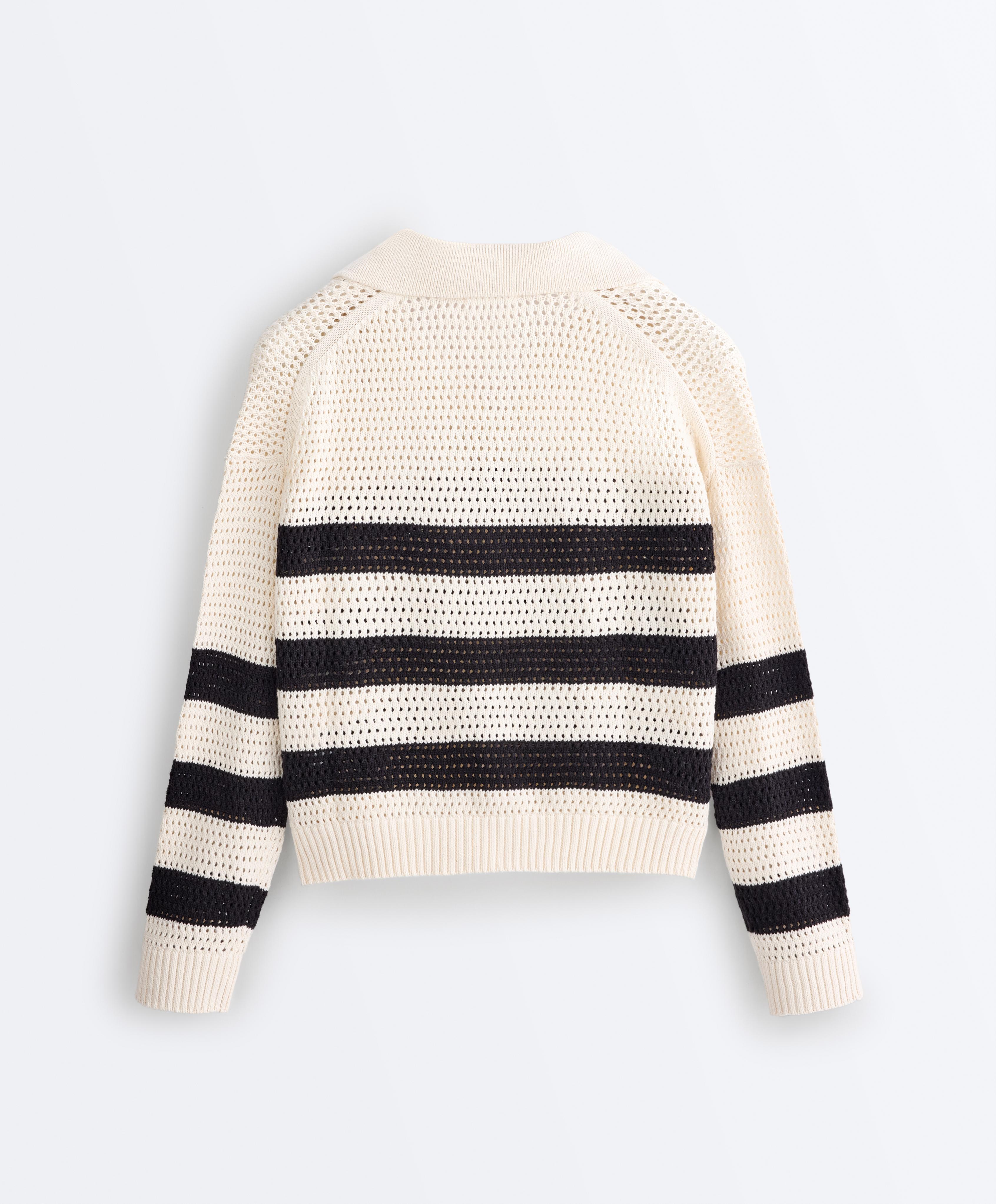 100% cotton striped open knit long-sleeve polo shirt — ECRU