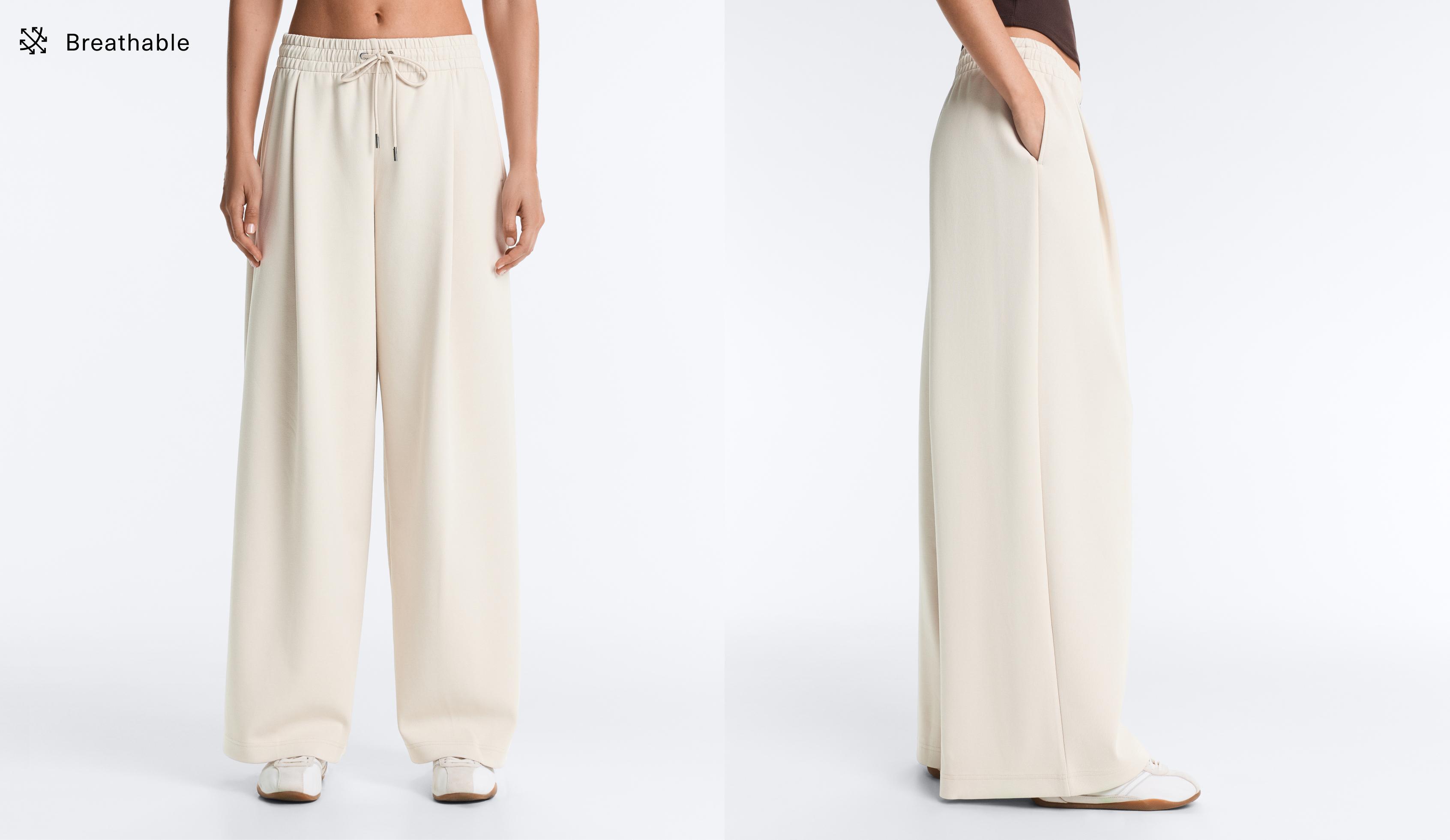 Wide-leg piqué pleat trousers with cotton — PALE MINK