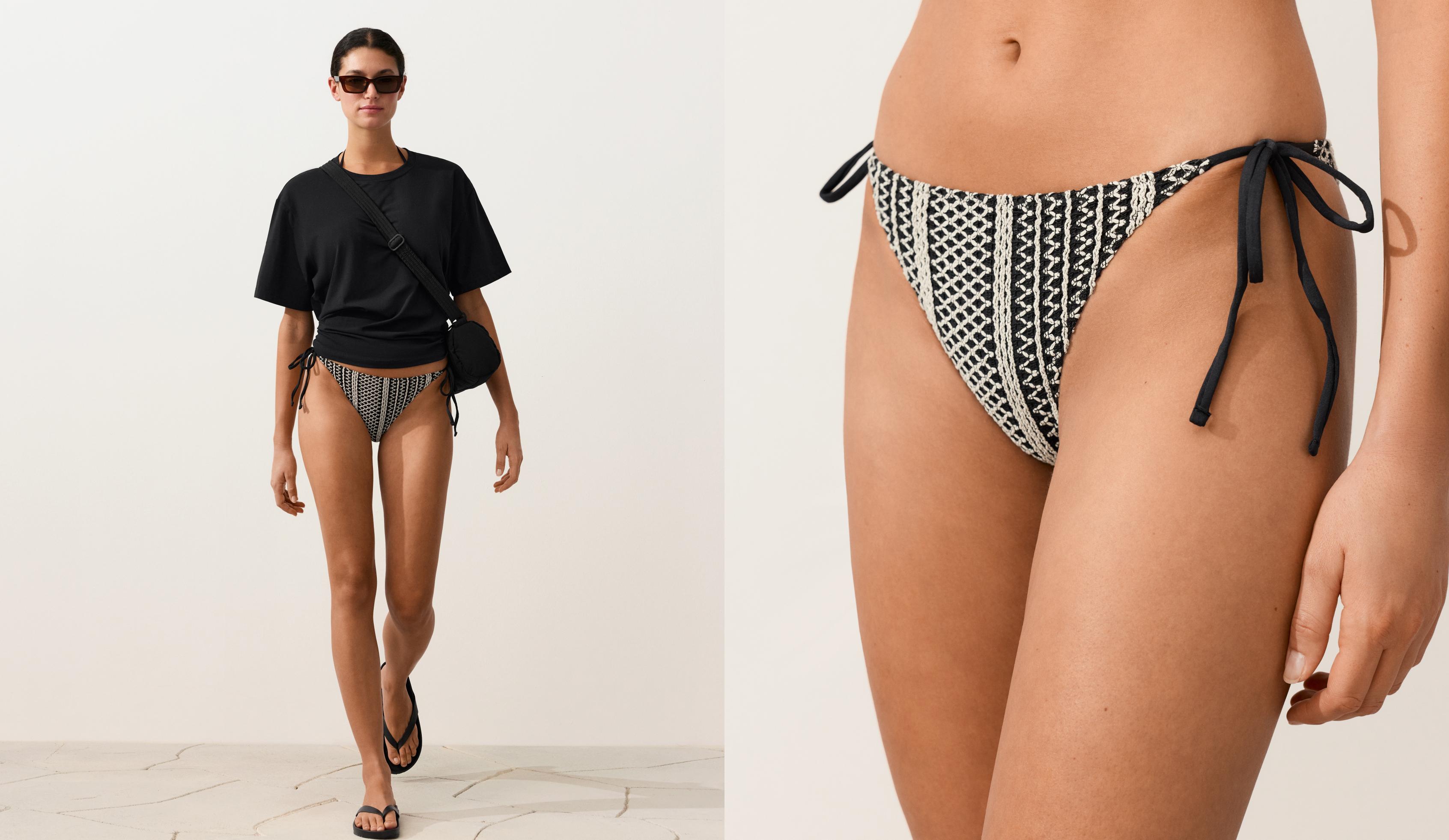 Medium-coverage crochet tie bikini briefs — BLACK
