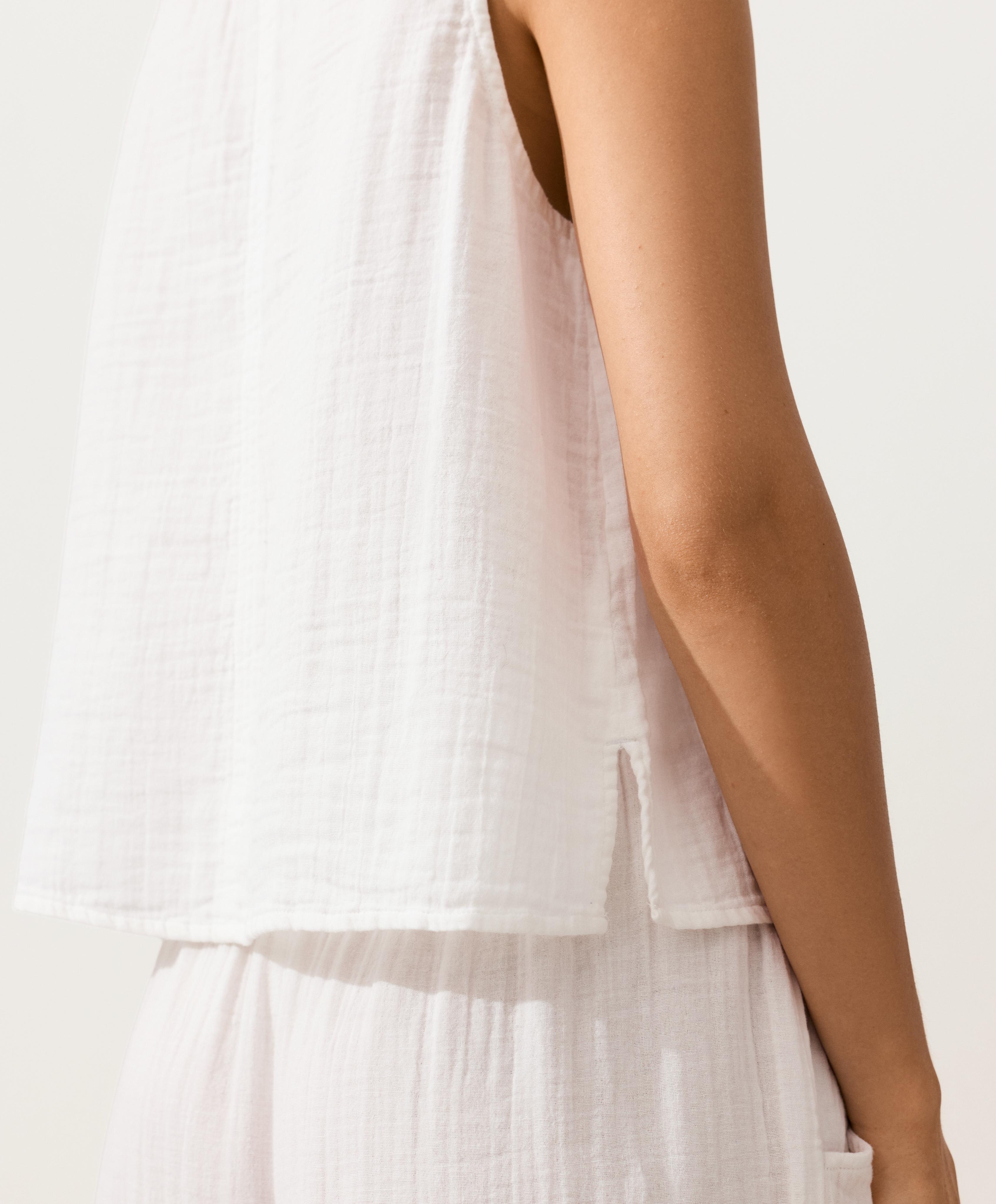 100% cotton gauze V-neck strappy top — WHITE 