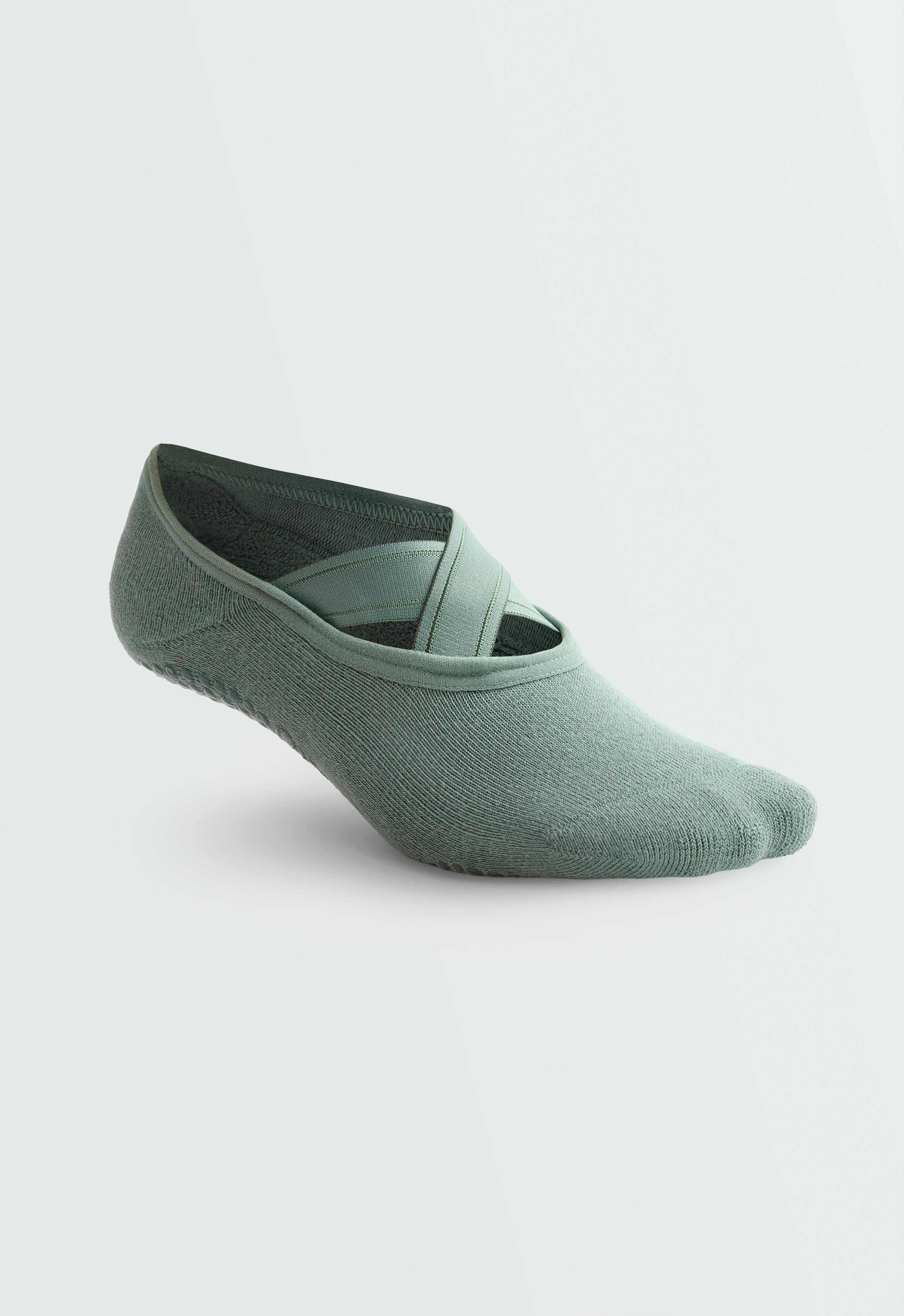 2 pairs of padded cotton blend yoga and Pilates socks with crossover straps — GREY-TURQUOISE