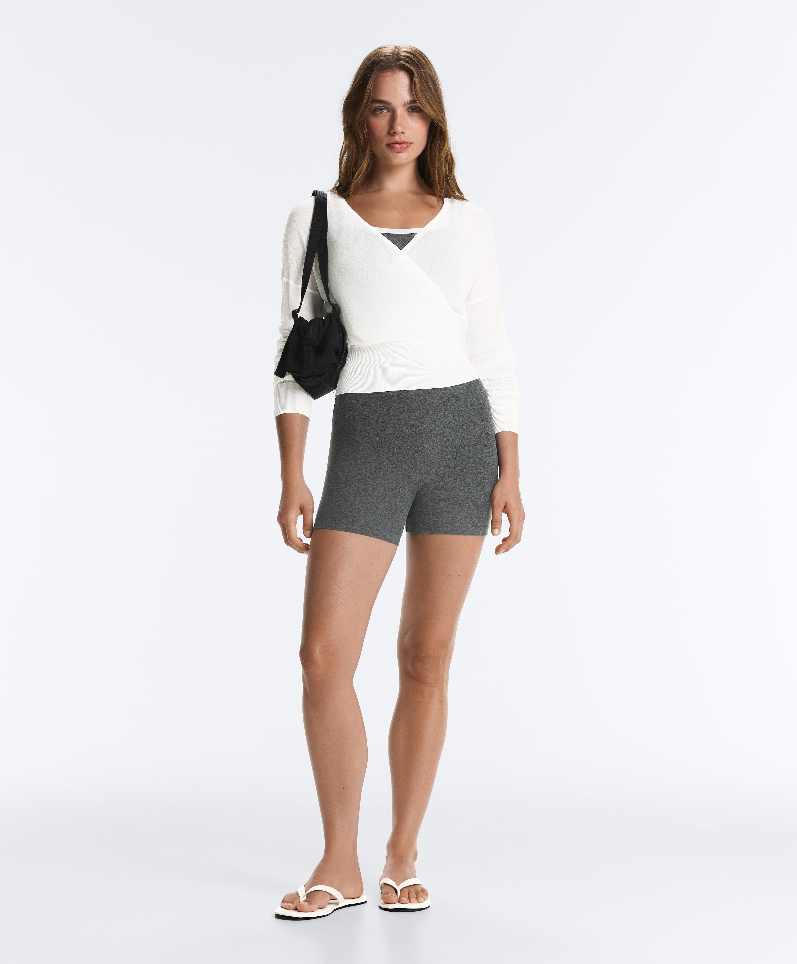 Lyocell blend sheer cross-over long sleeve T-shirt — WHITE