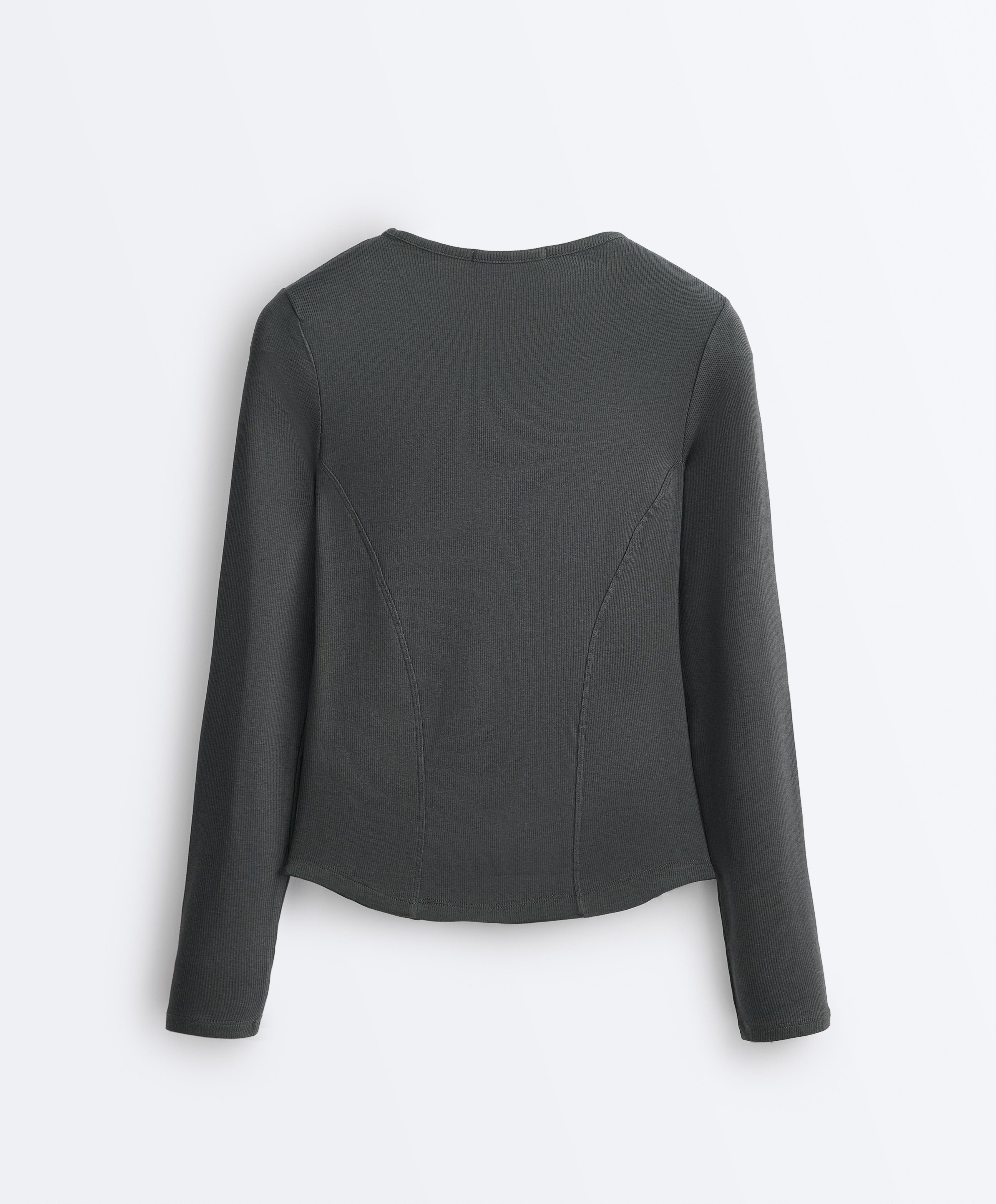 Fitted long sleeve rib T-shirt with cotton and modal — ASPHALT