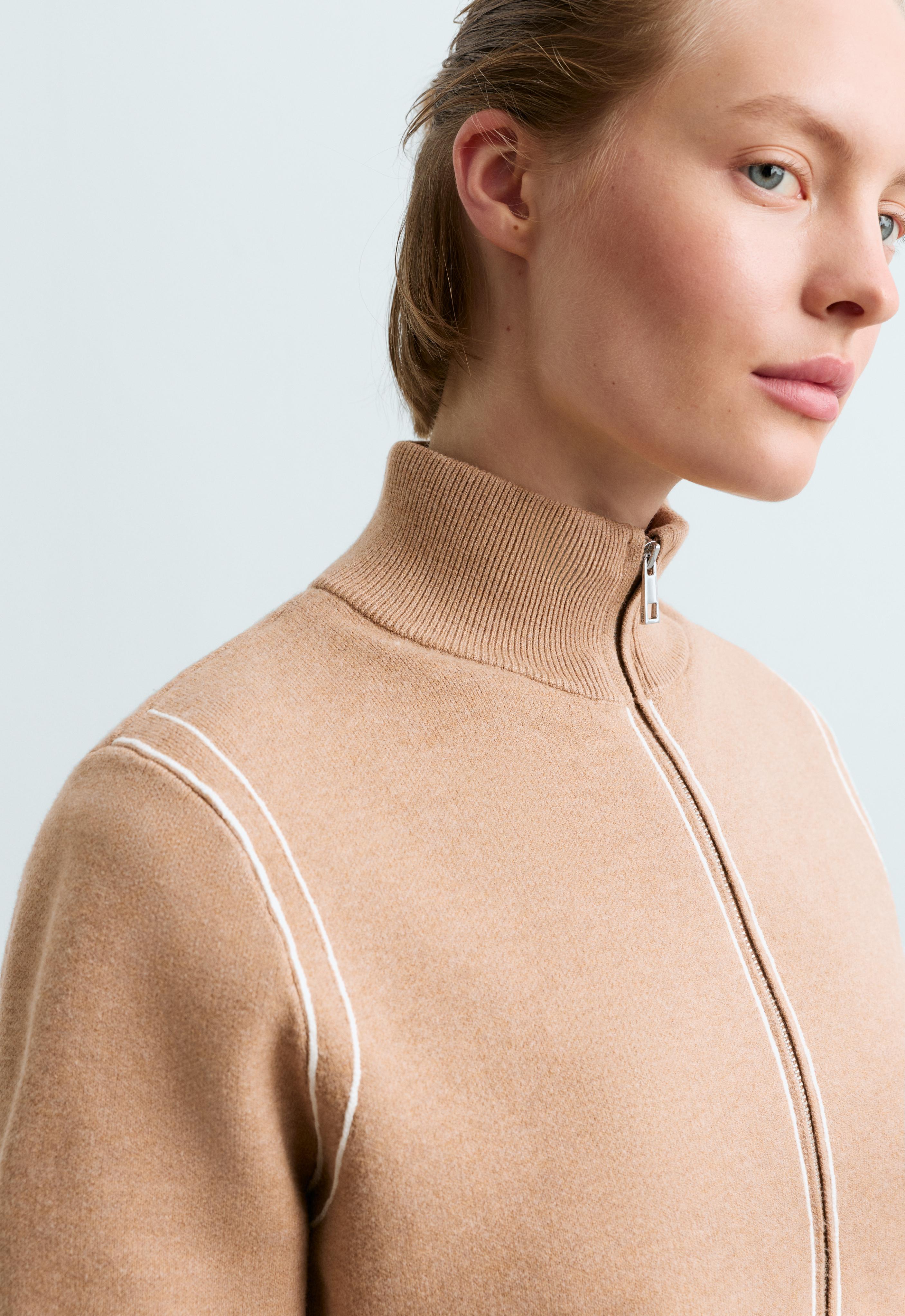 Contrast piping knit jacket — CAMEL