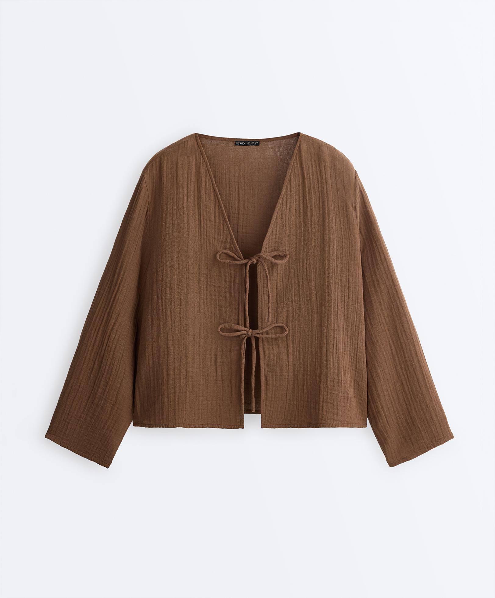 100% cotton gauze long-sleeved tie-front shirt — TAN