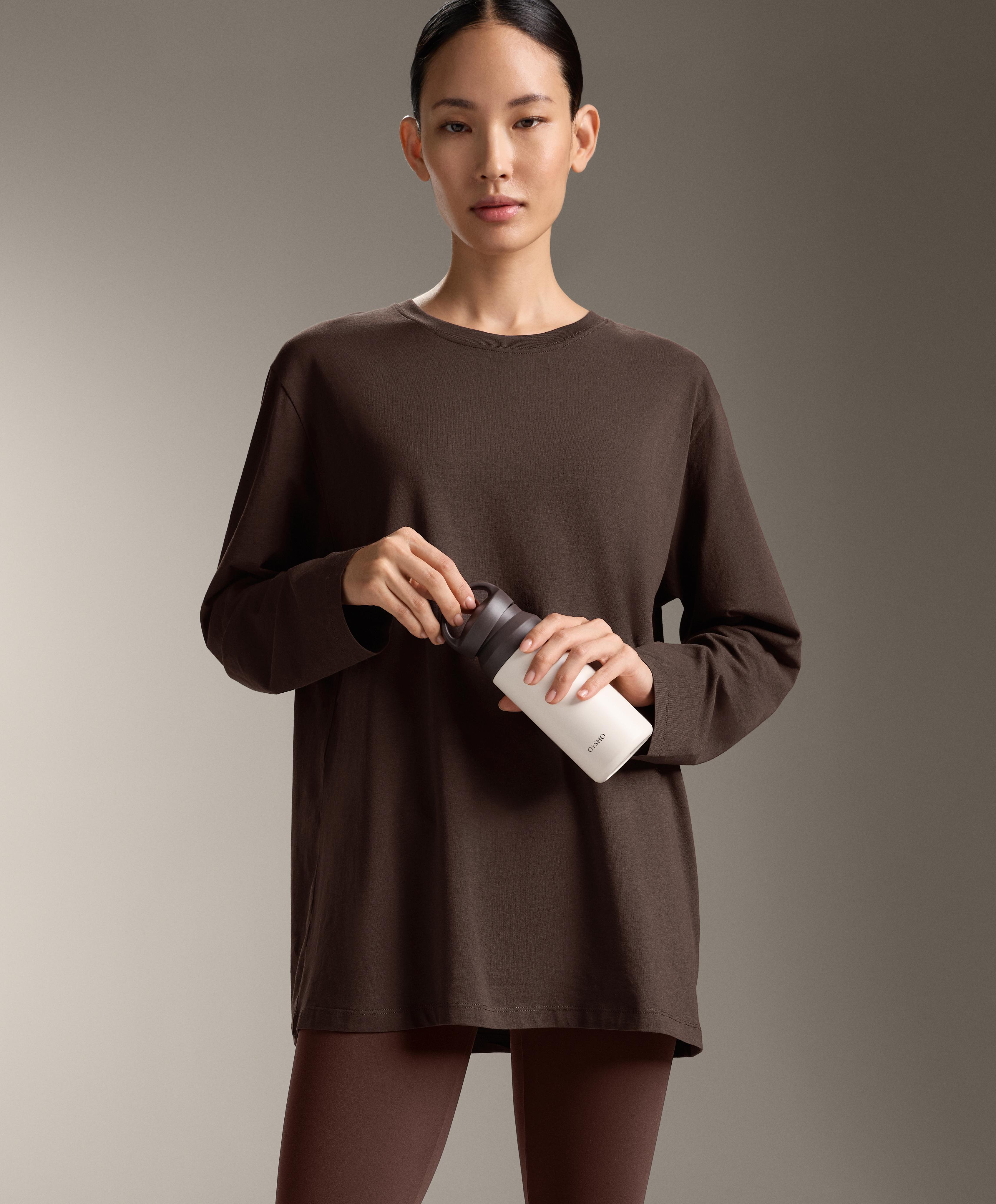 Oversize cotton blend long-sleeve T-shirt — BROWN
