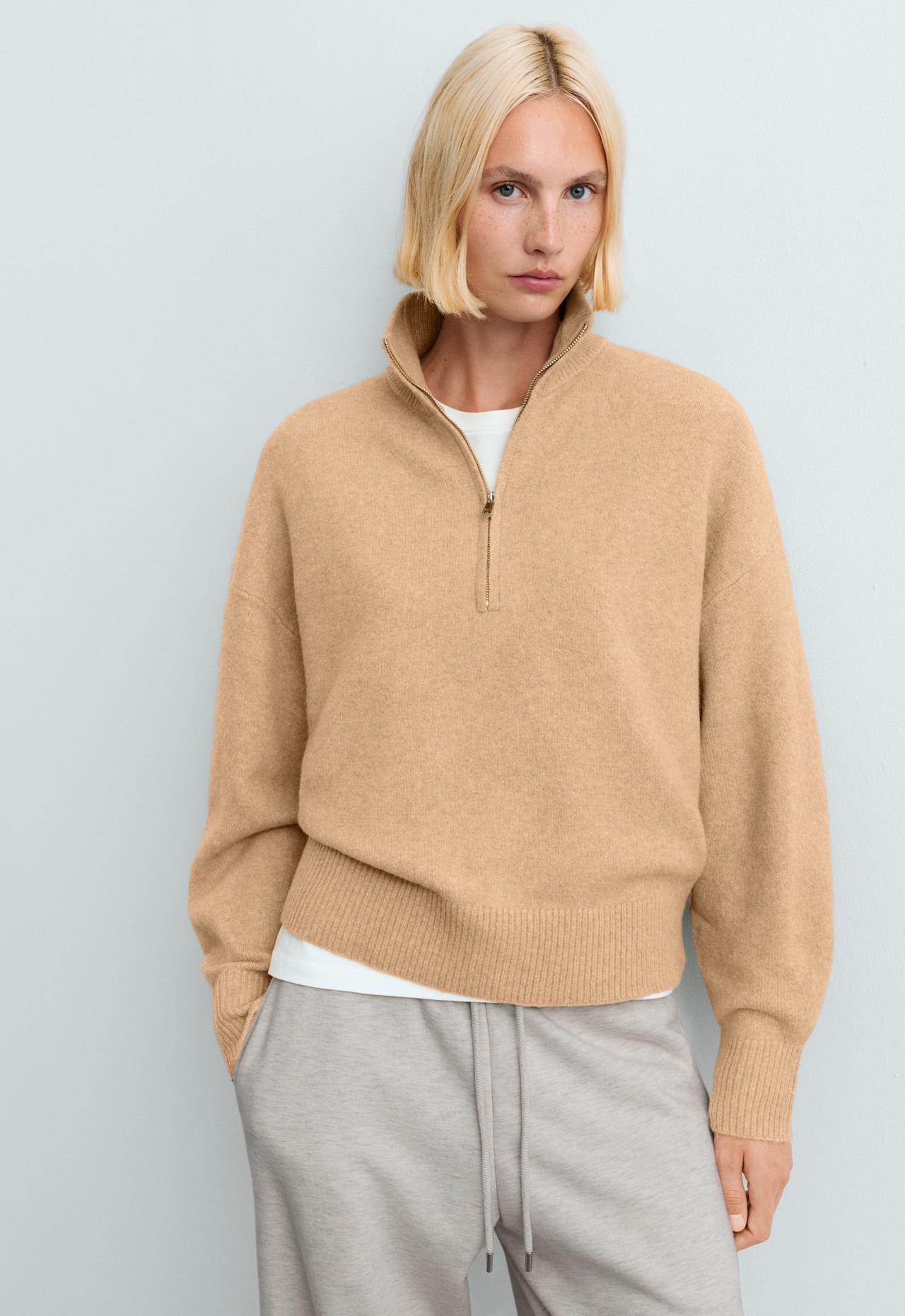 High-neck knit jumper with half-zip — CAMEL