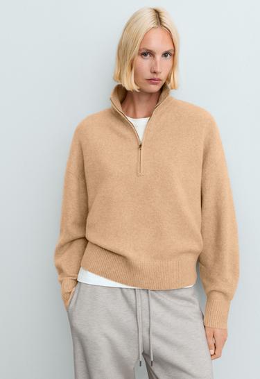 High-neck knit jumper with half-zip — CAMEL 2