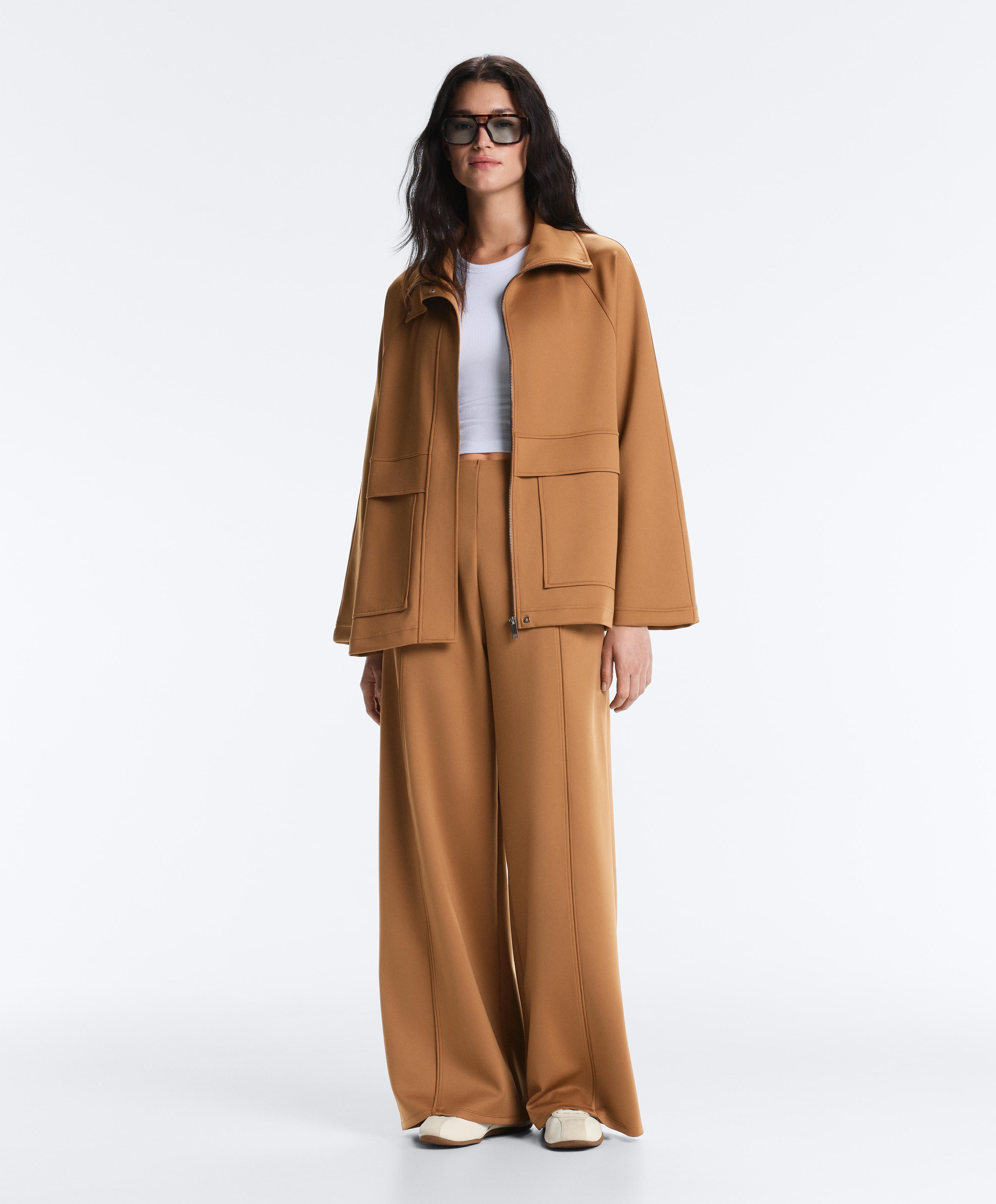 Neoprene effect high rise wide-leg trousers — PALE BROWN