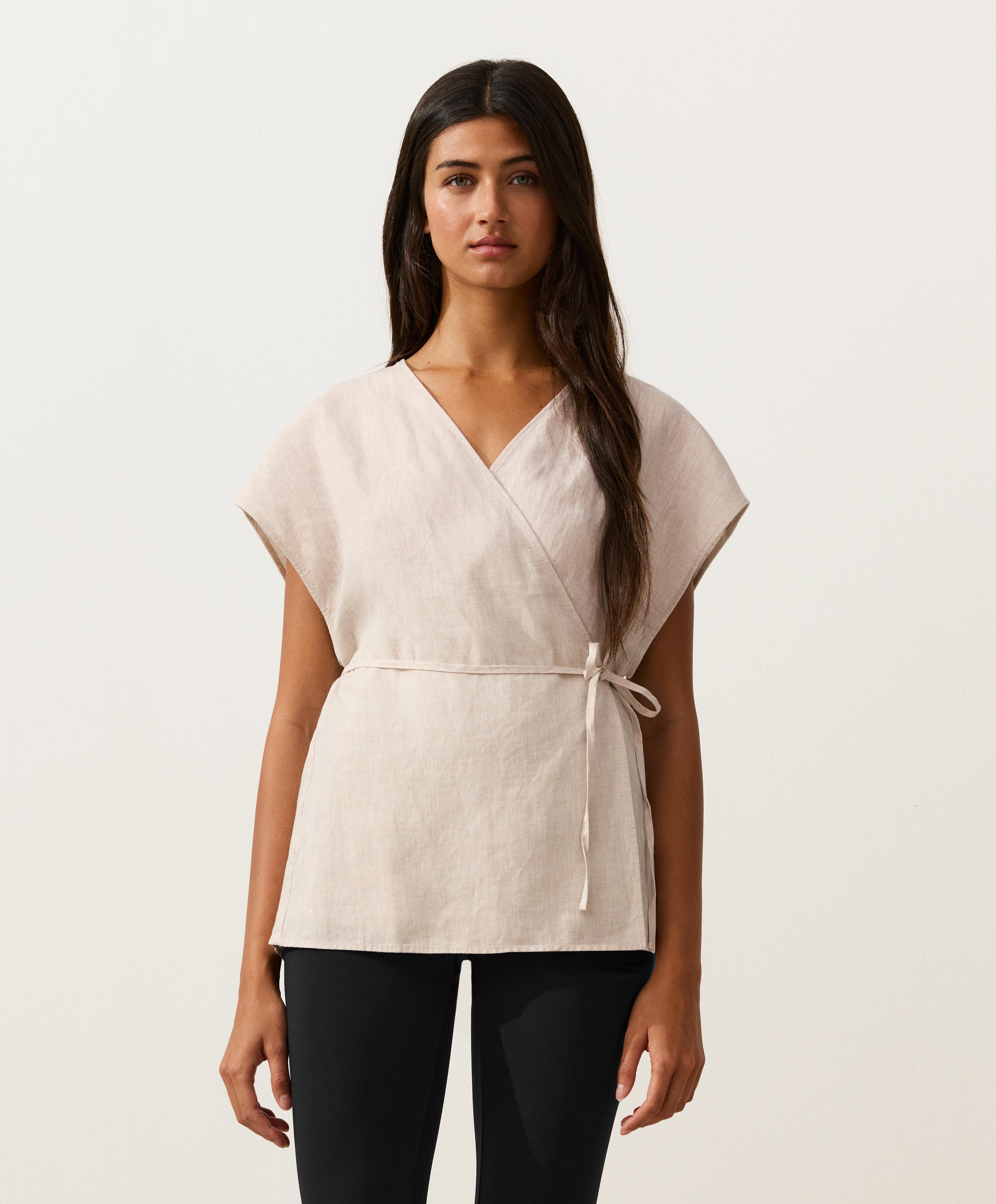 100% linen wrap shirt with tie — SAND MELANGE