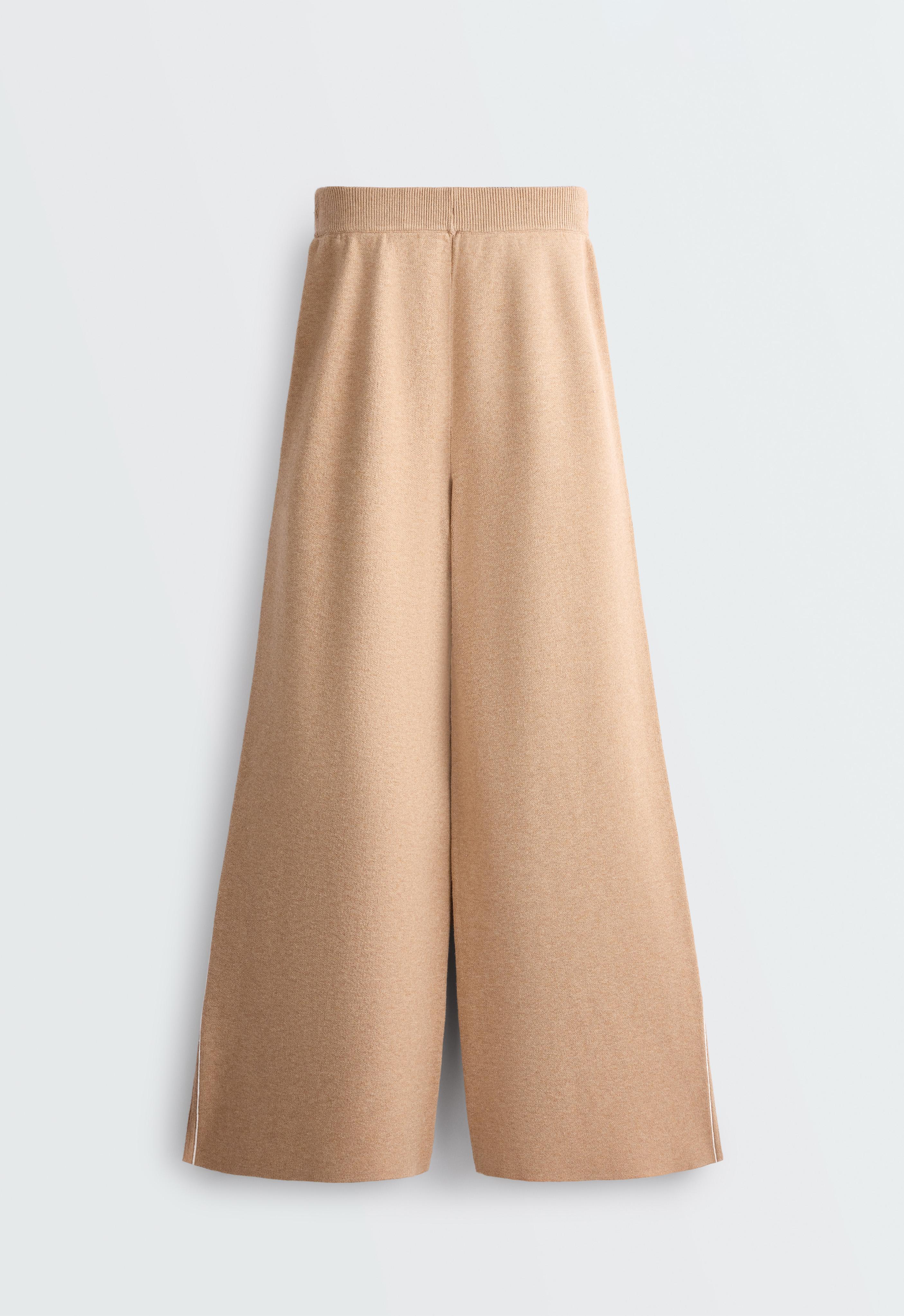 Wide-leg knit trousers with piping and splits — CAMEL