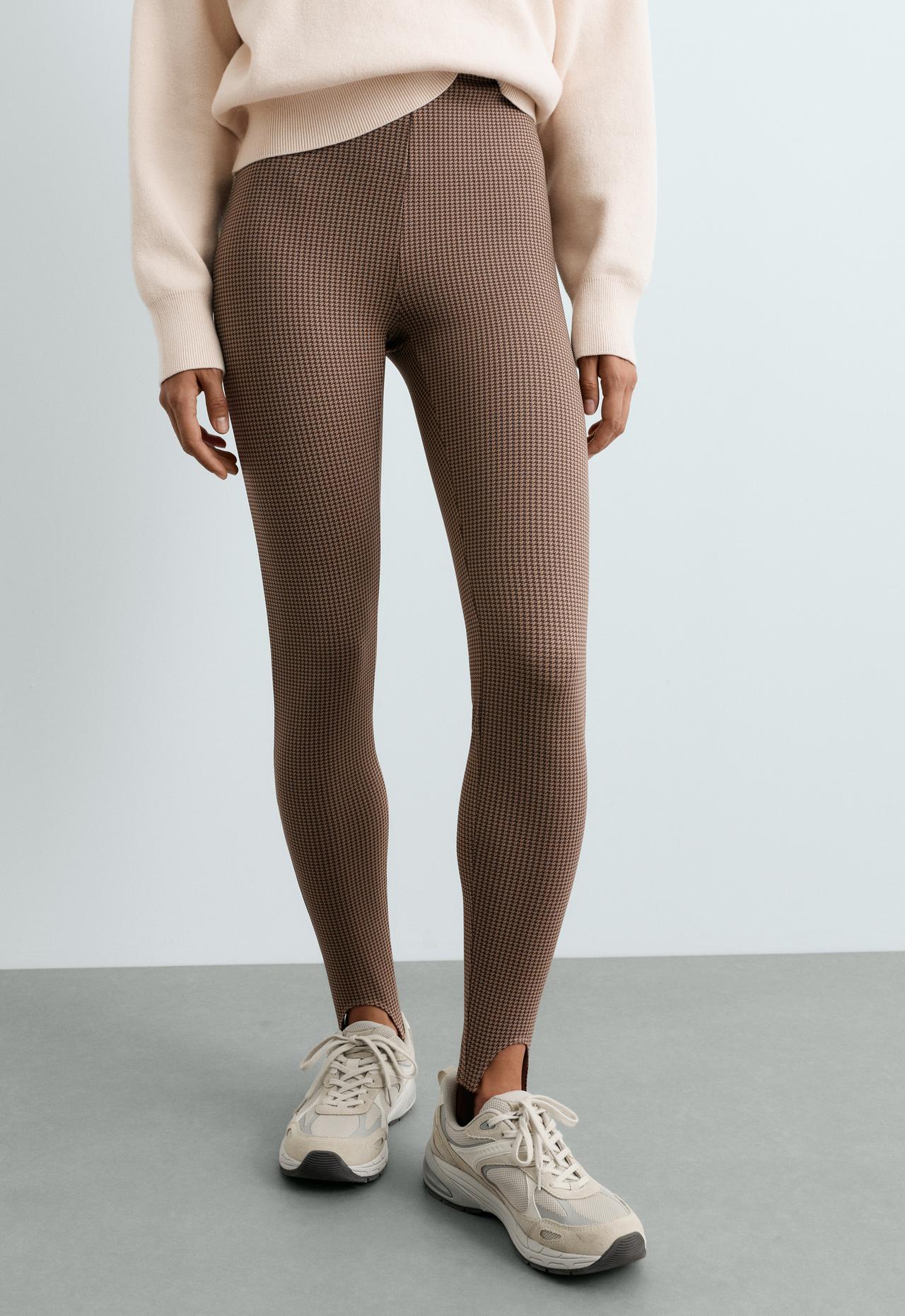 Ankle-length high rise 65cm stirrup houndstooth leggings — MID-CAMEL