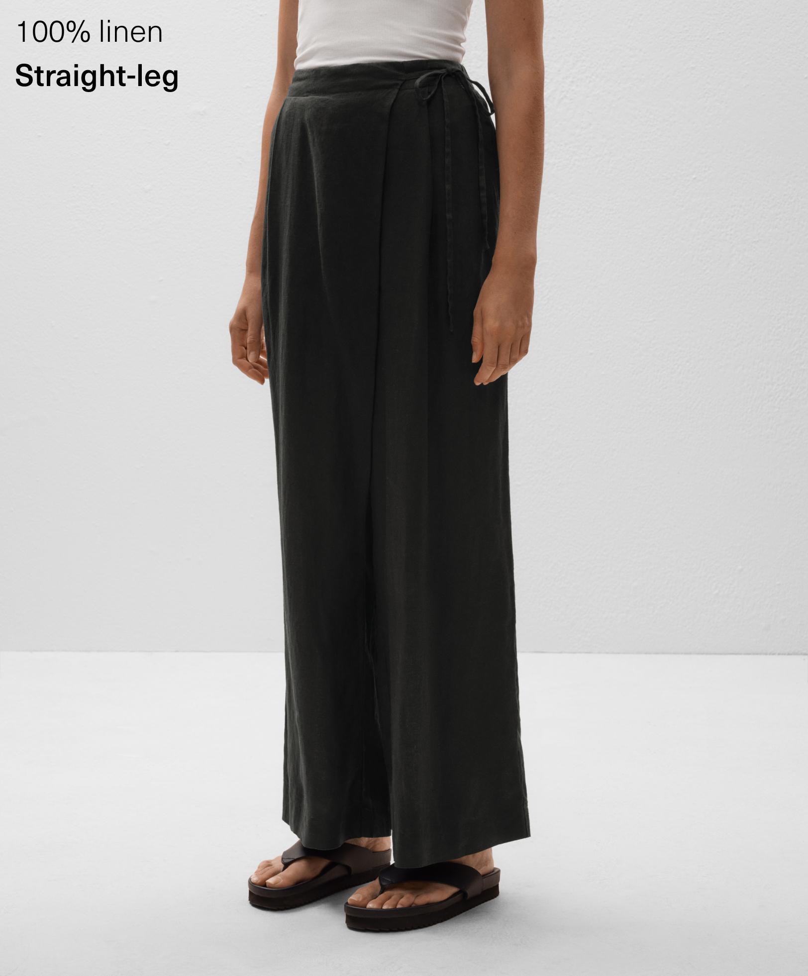 100% linen wide straight-leg trousers with crossover sarong-style wrap 100% linen wide straight-leg trousers with crossover sarong-style wrap