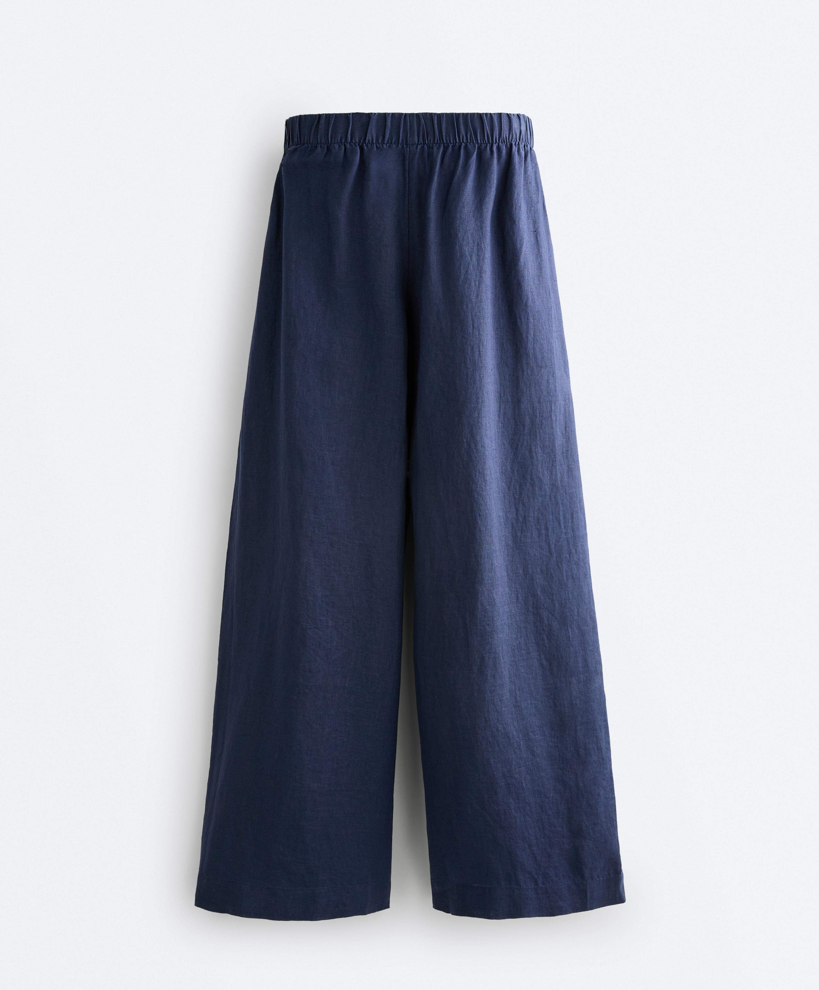 100% linen wide-leg trousers — NAVY