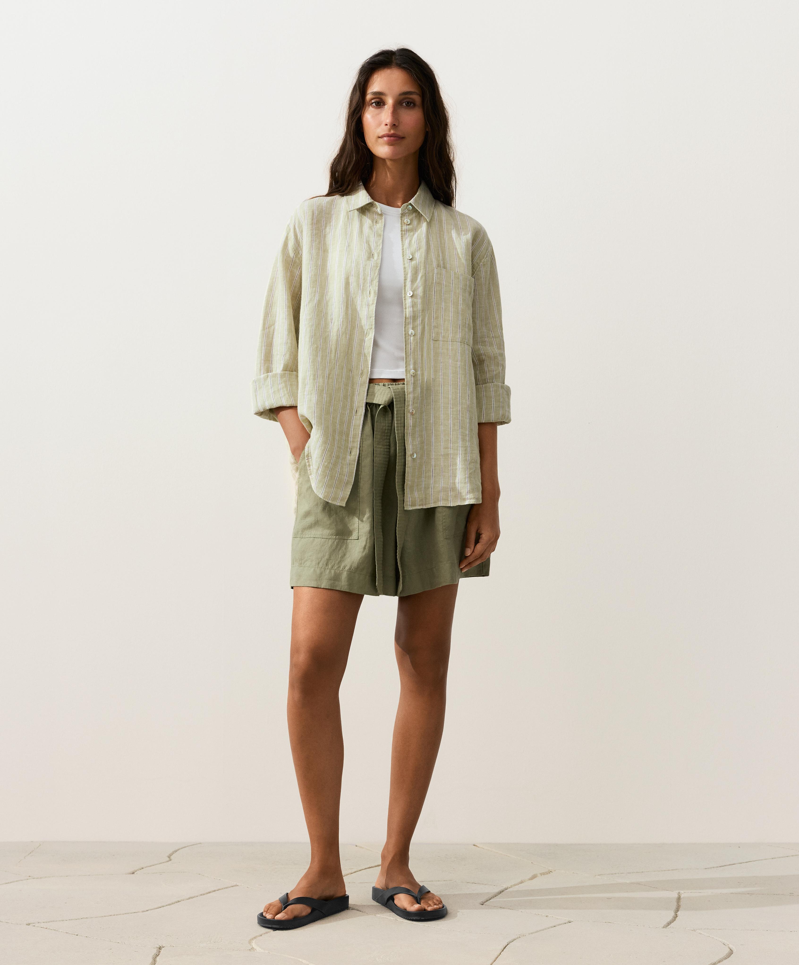 100% linen Bermuda shorts with belt — YELLOW GREEN