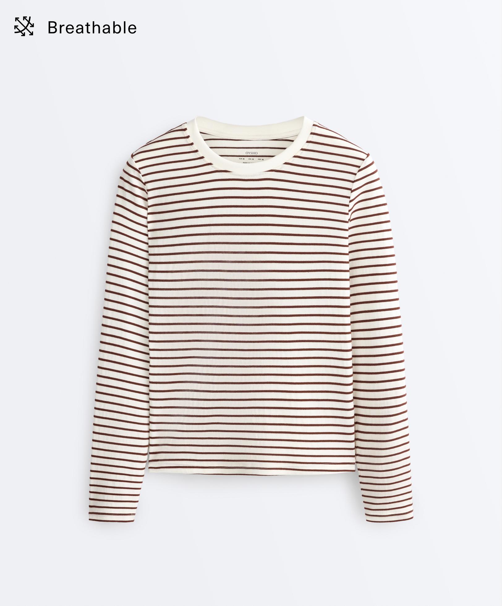 Regular fit long sleeve striped cotton blend T-shirt — BROWN