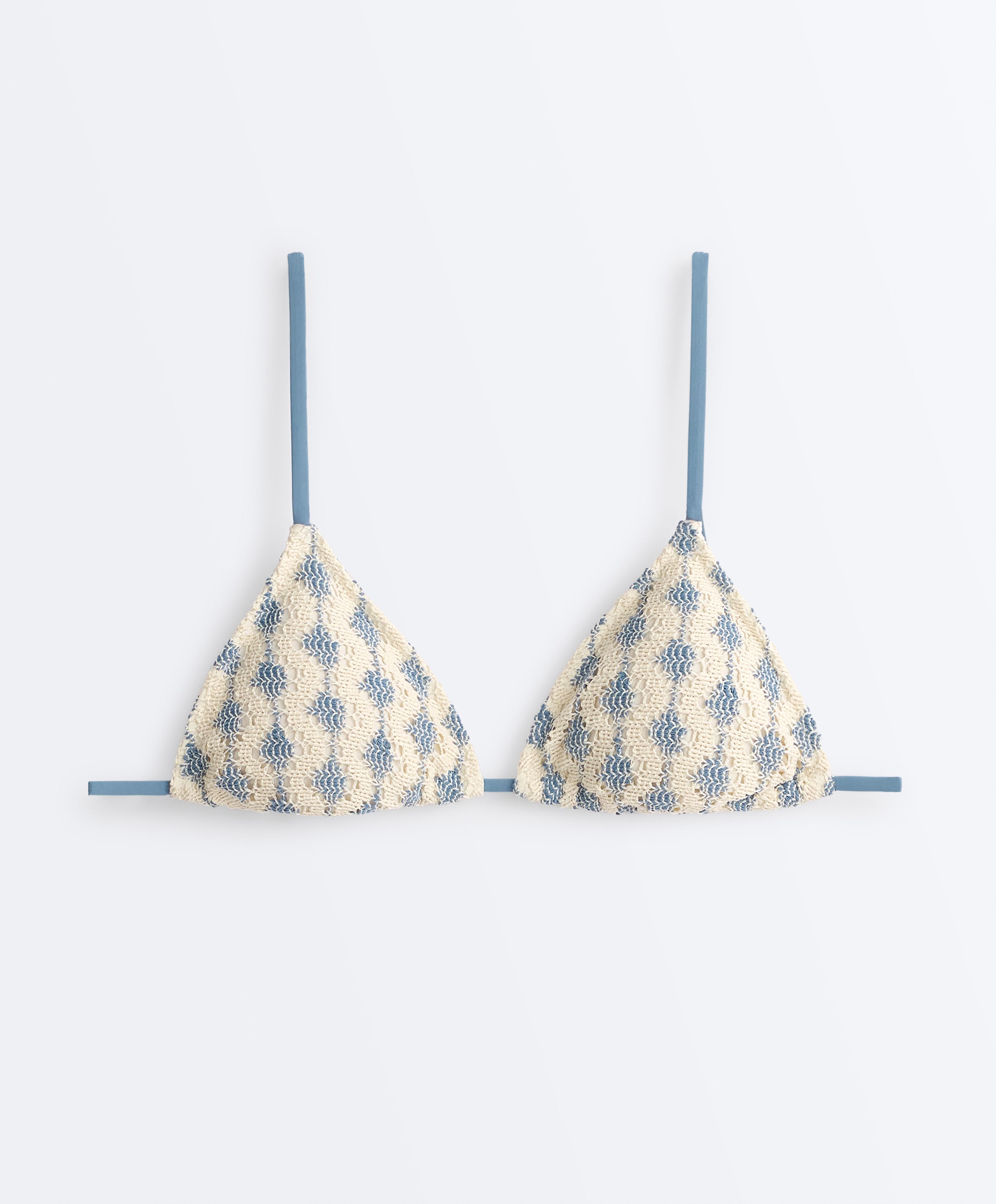 Crochet contrast wave triangle bikini — GREY-BLUE