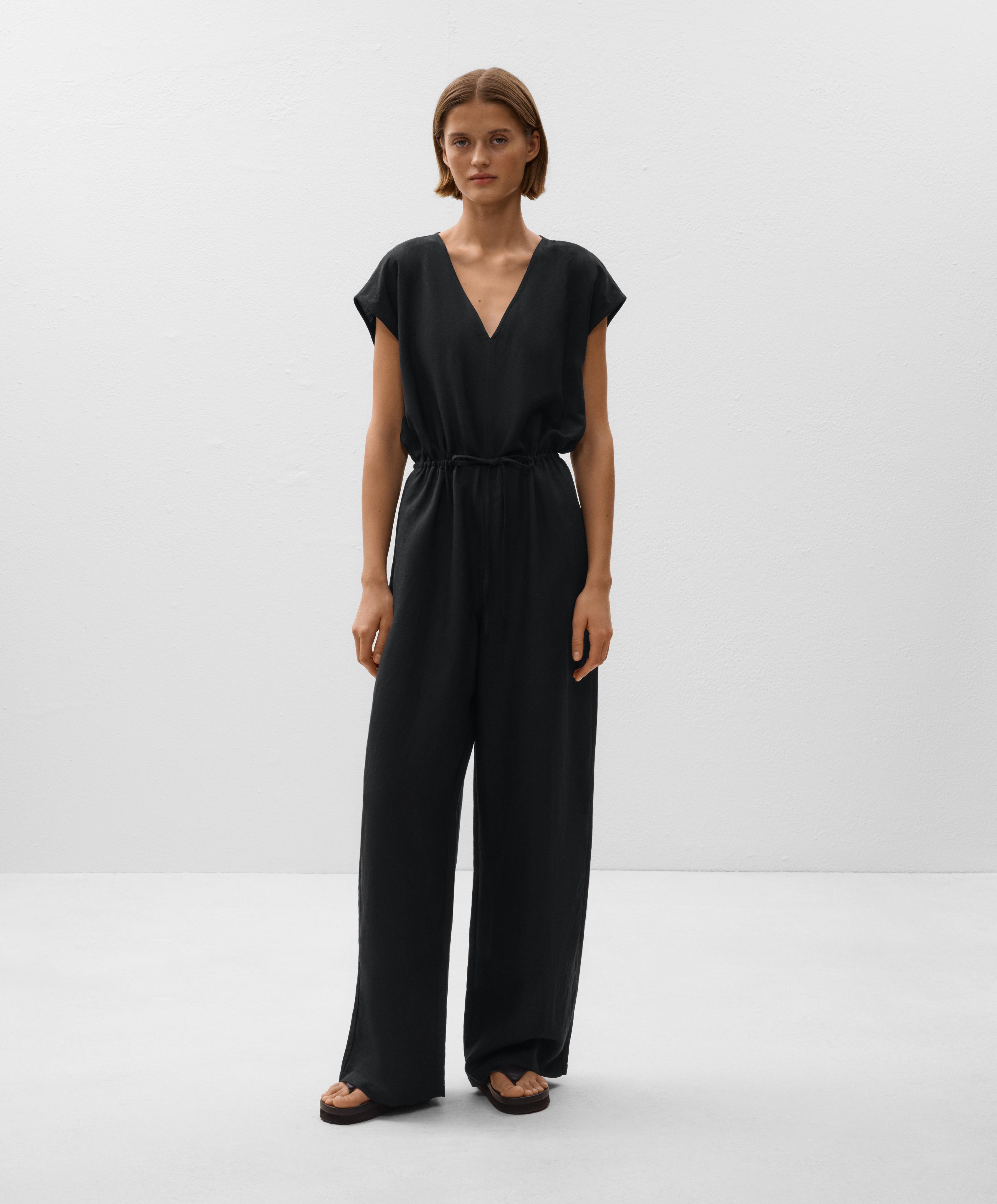 Linen blend long jumpsuit with gathered waist - Sale Linen blend long jumpsuit with gathered waist - Sale