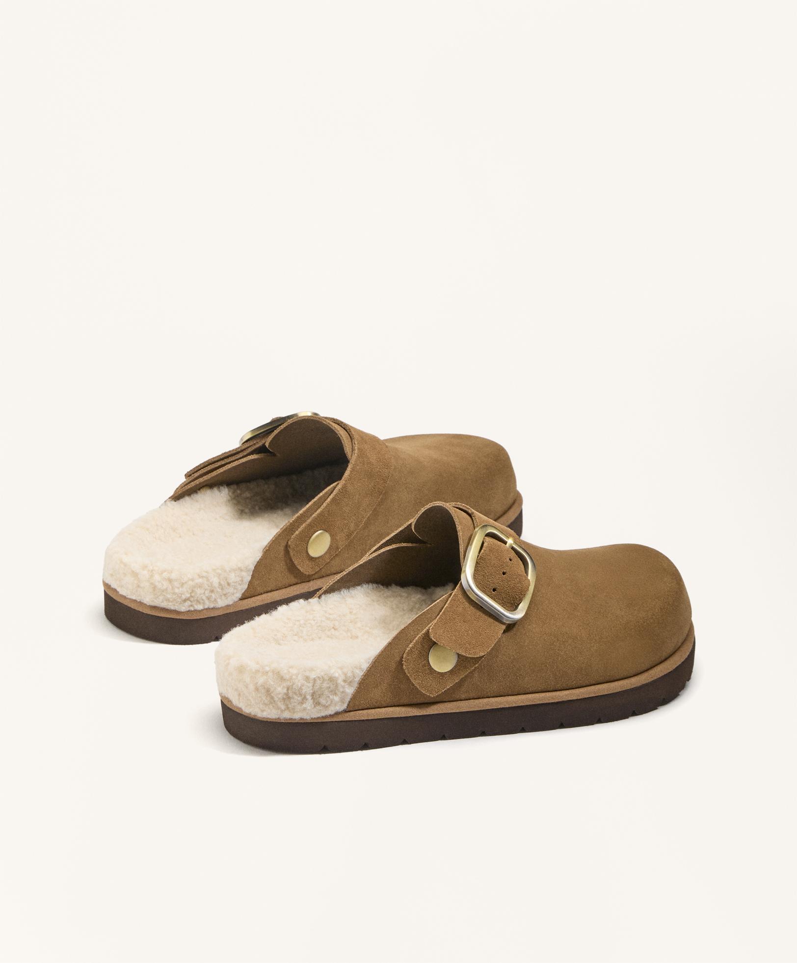 Buckled split-leather faux shearling clogs — TOASTED BROWN