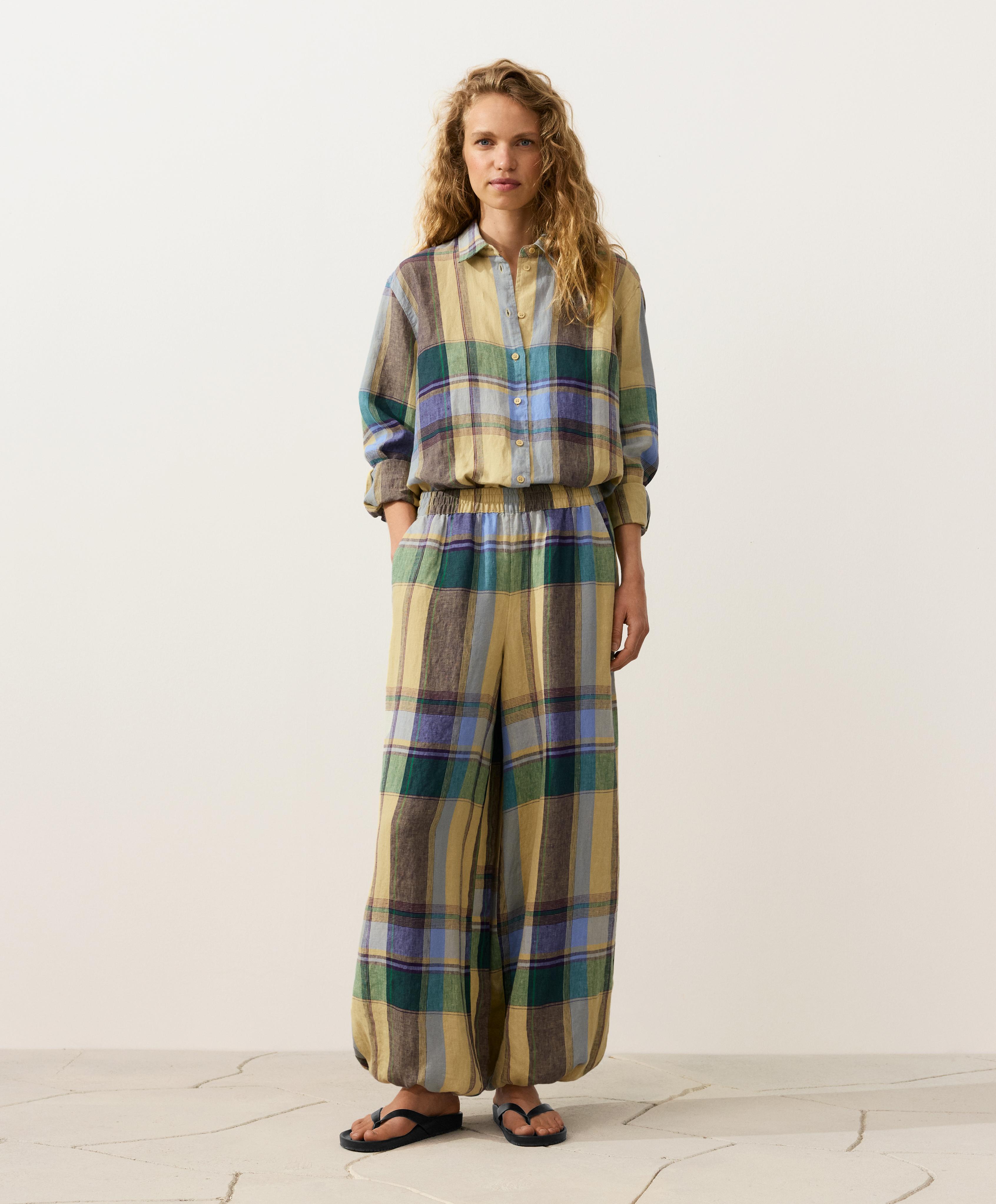 100% linen regular check shirt — MID-YELLOW