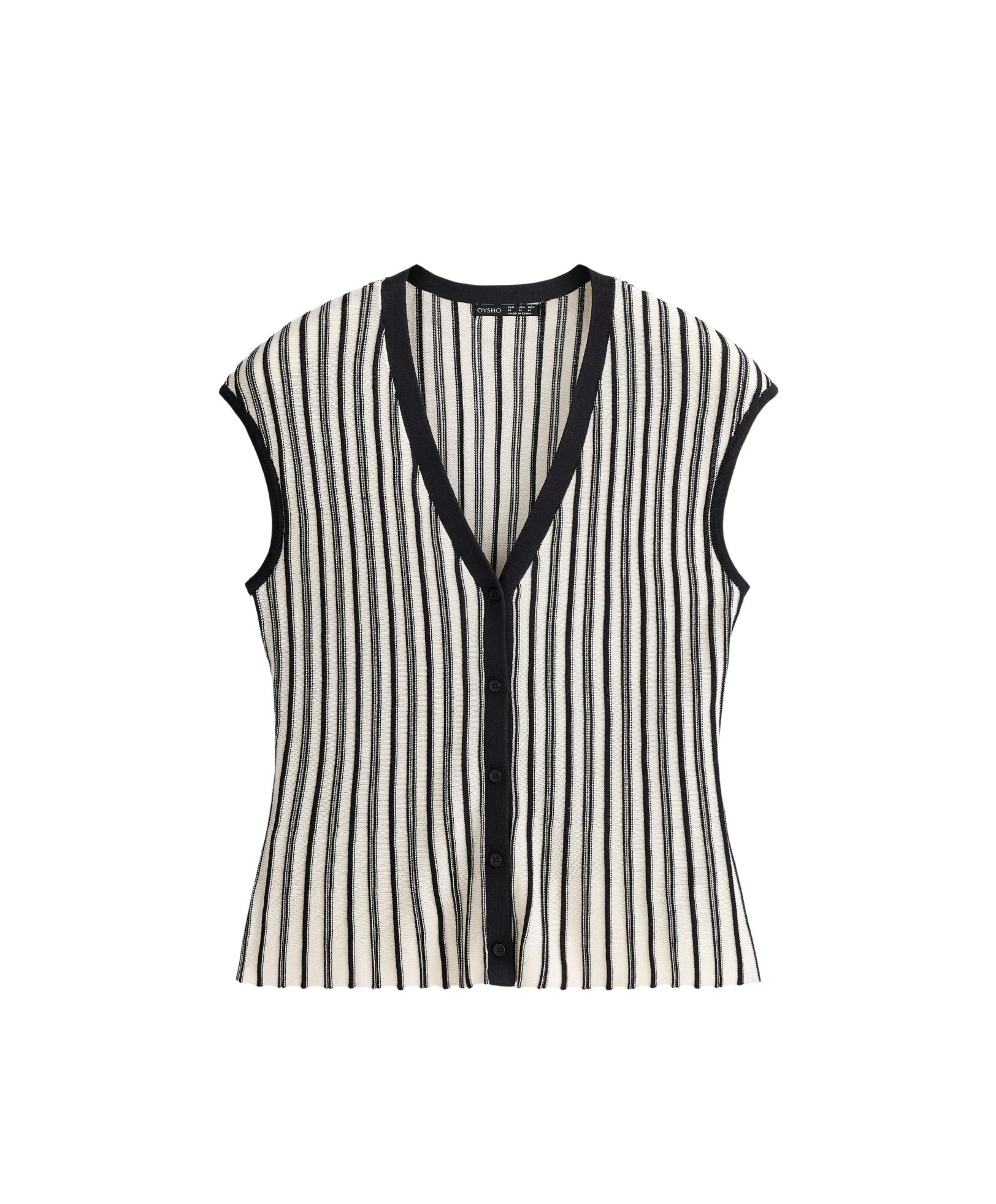 Striped sleeveless V-neck knit jumper — BLACK