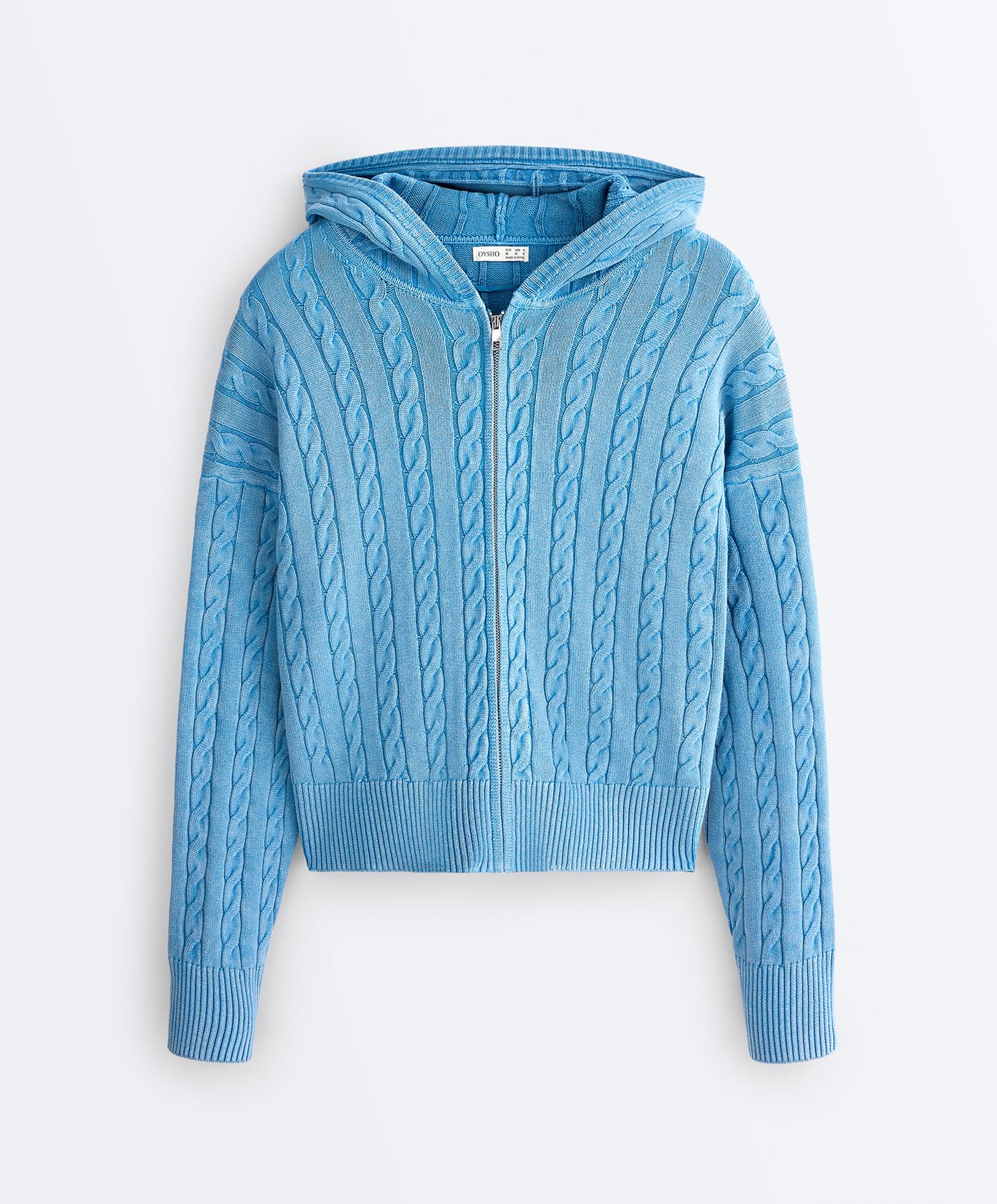 Washed cable knit hooded jacket — WASHED SKY BLUE