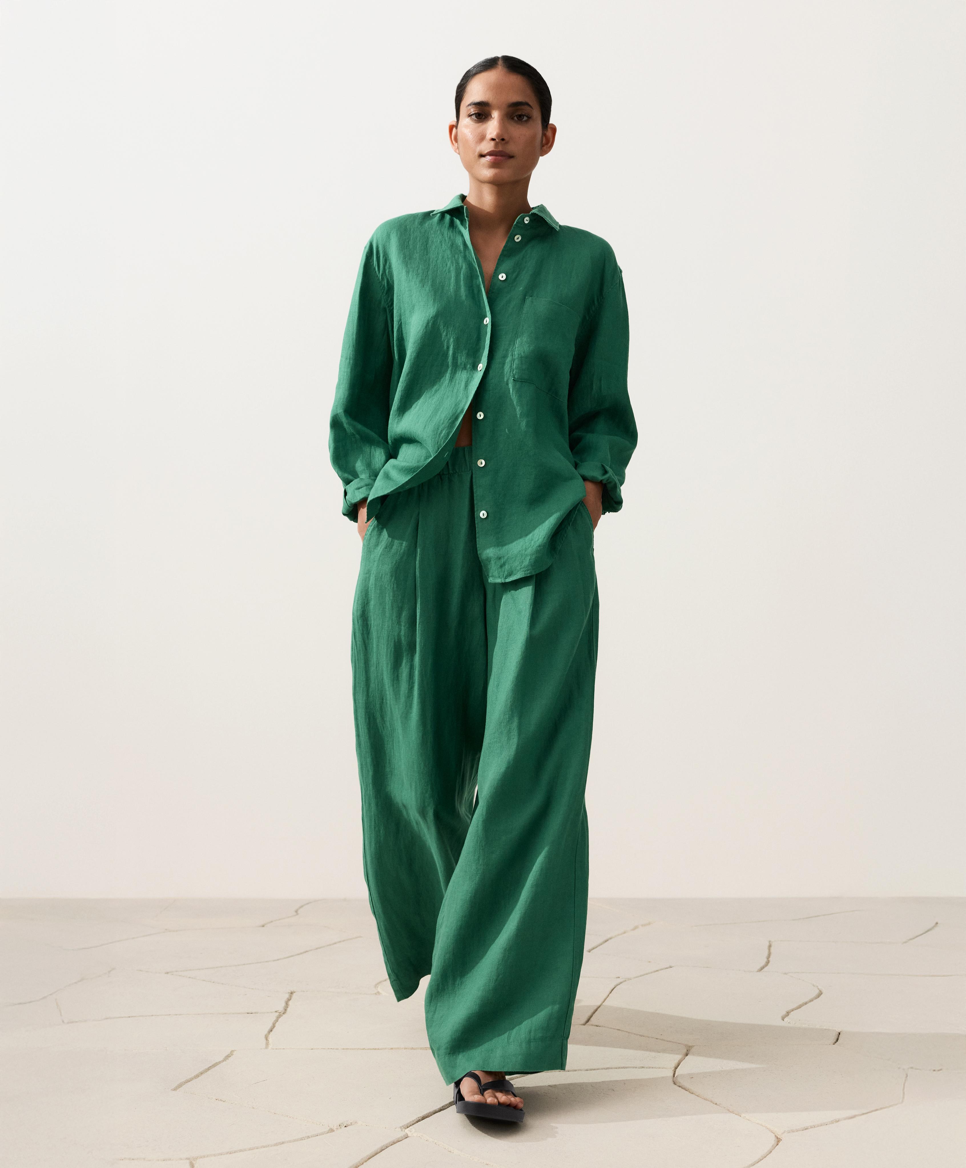 100% linen wide-leg trousers — EMERALD GREEN