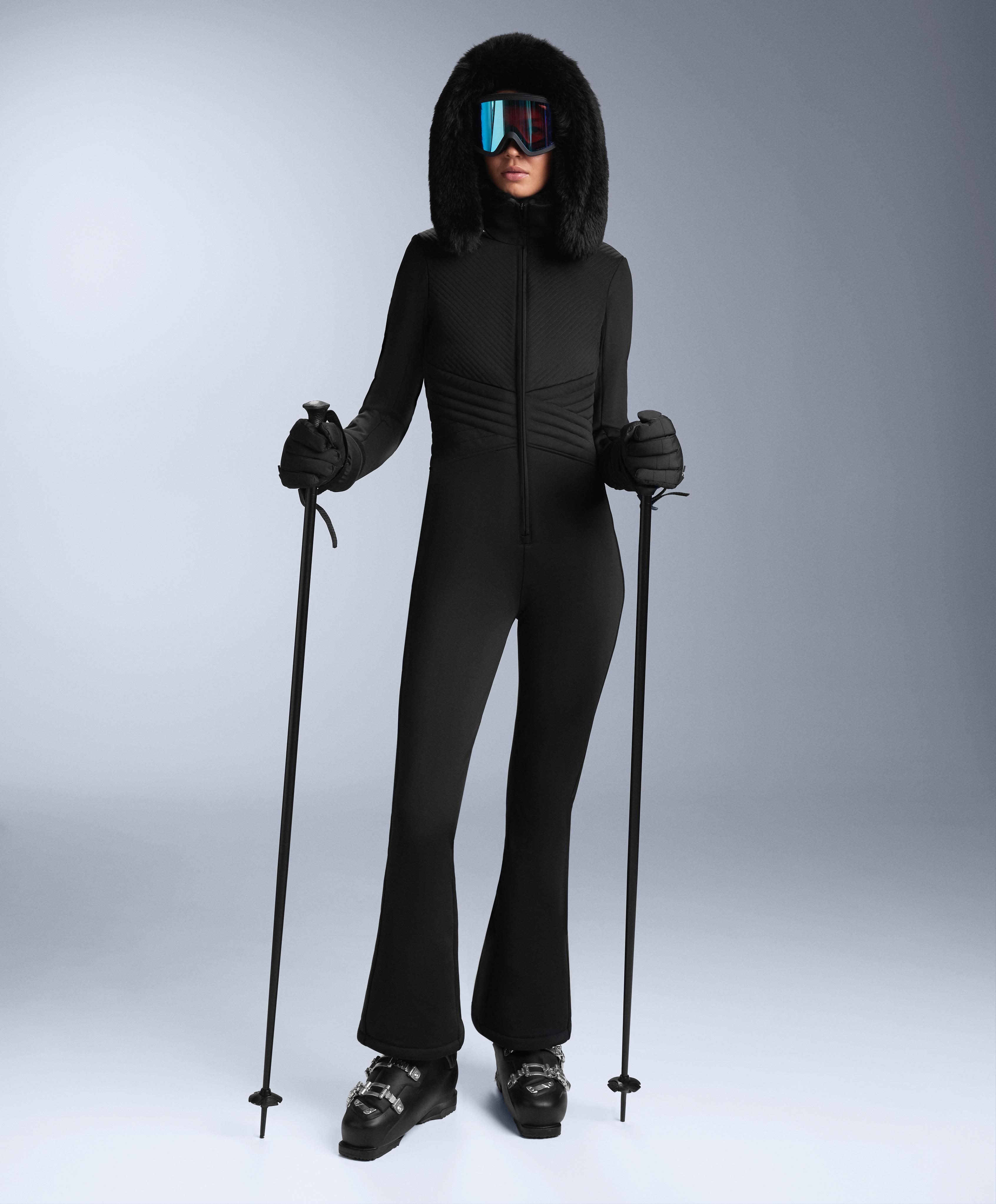 Water-resistant fitted stretch SKI jumpsuit — BLACK