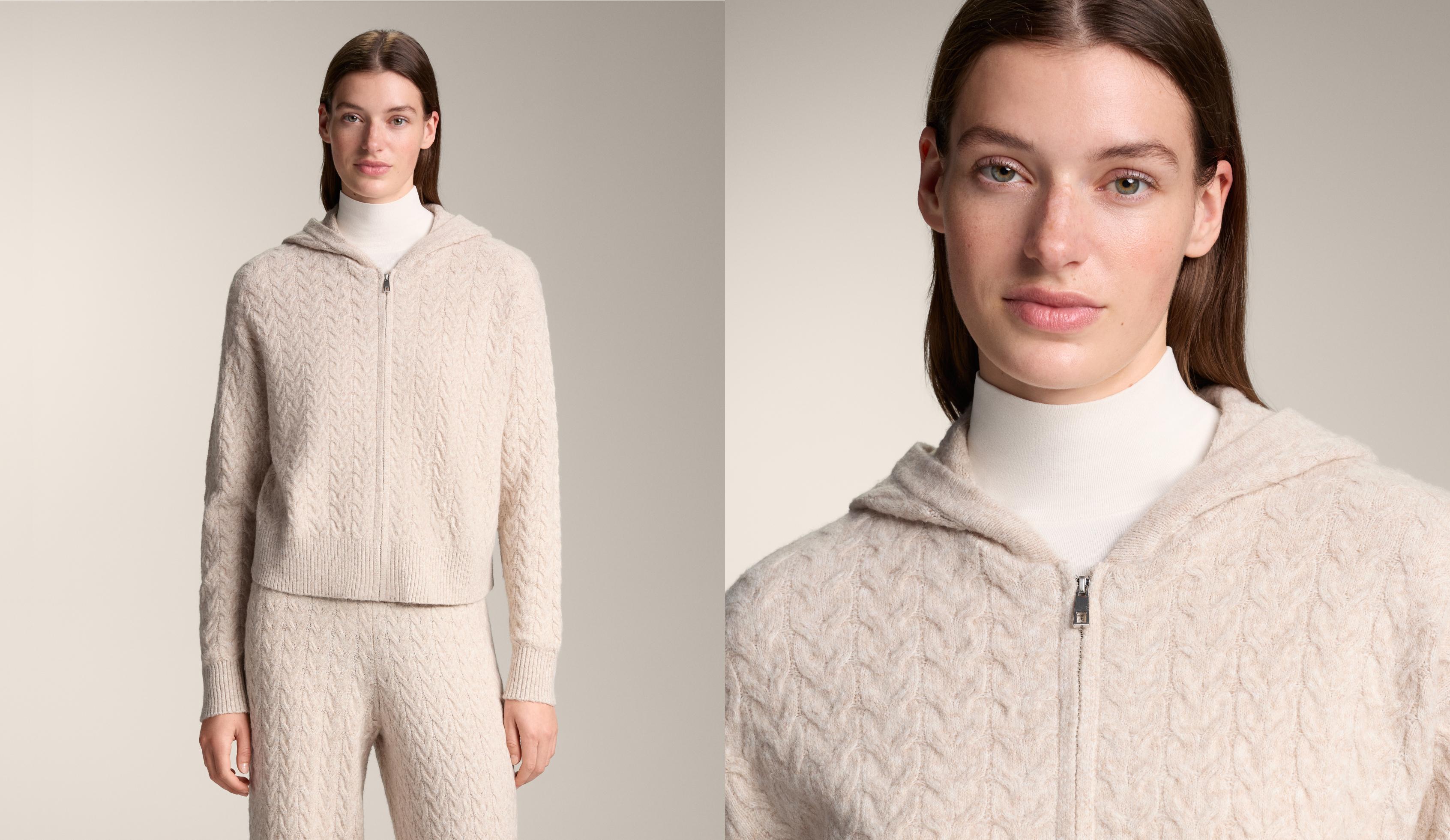 Veste en maille torsadée à capuche Veste en maille torsadée à capuche