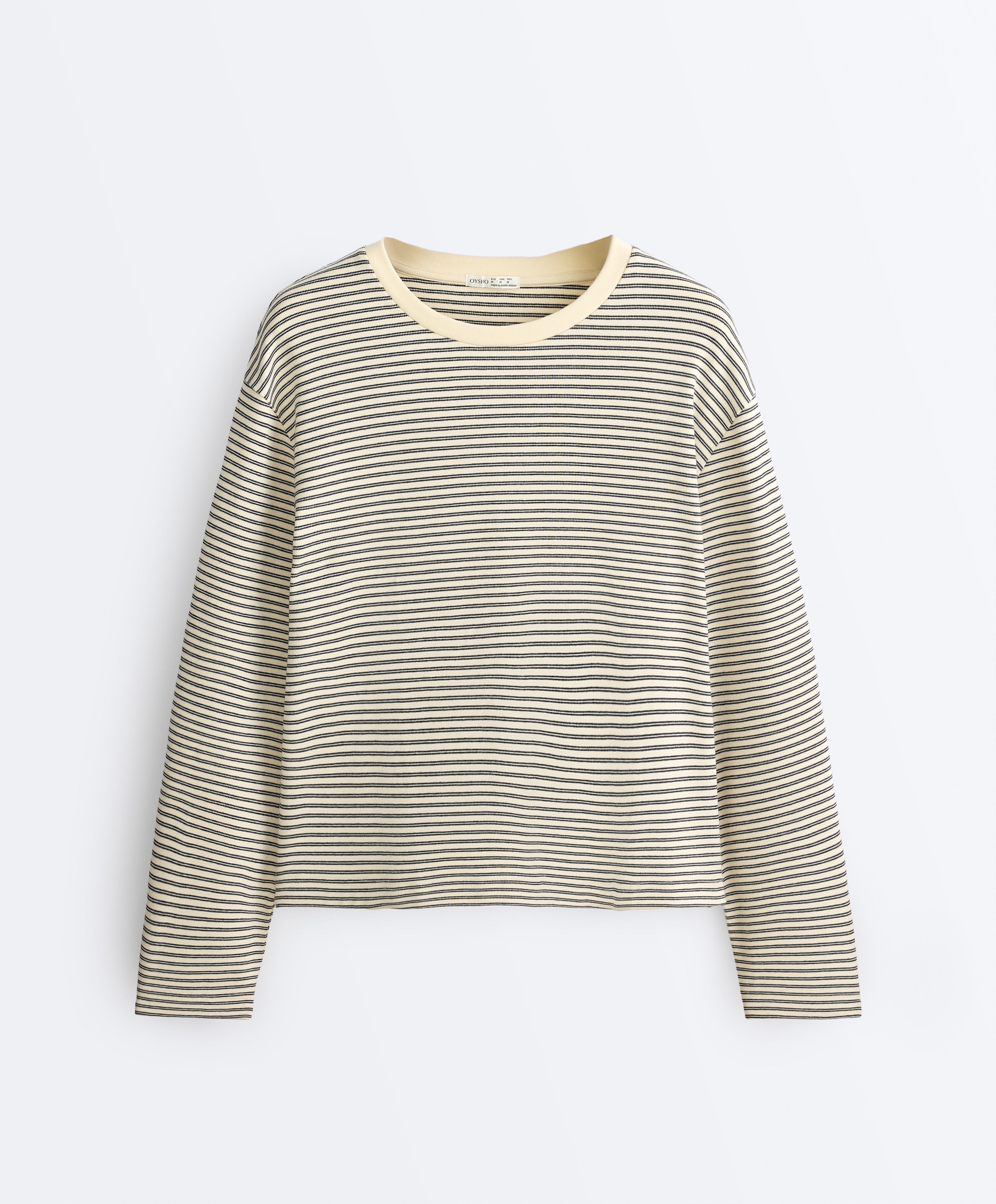 Striped cotton blend long sleeve relaxed T-shirt — WHITE