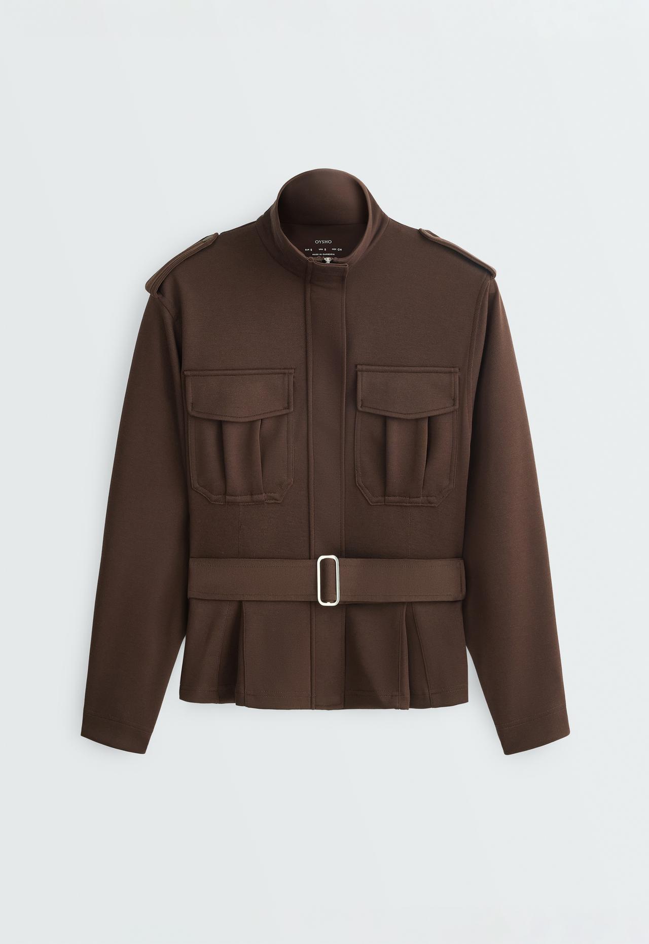 Cropped piqué utility jacket with belt — DARK BROWN