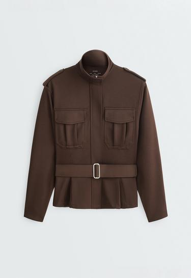 Cropped piqué utility jacket with belt — DARK BROWN 11