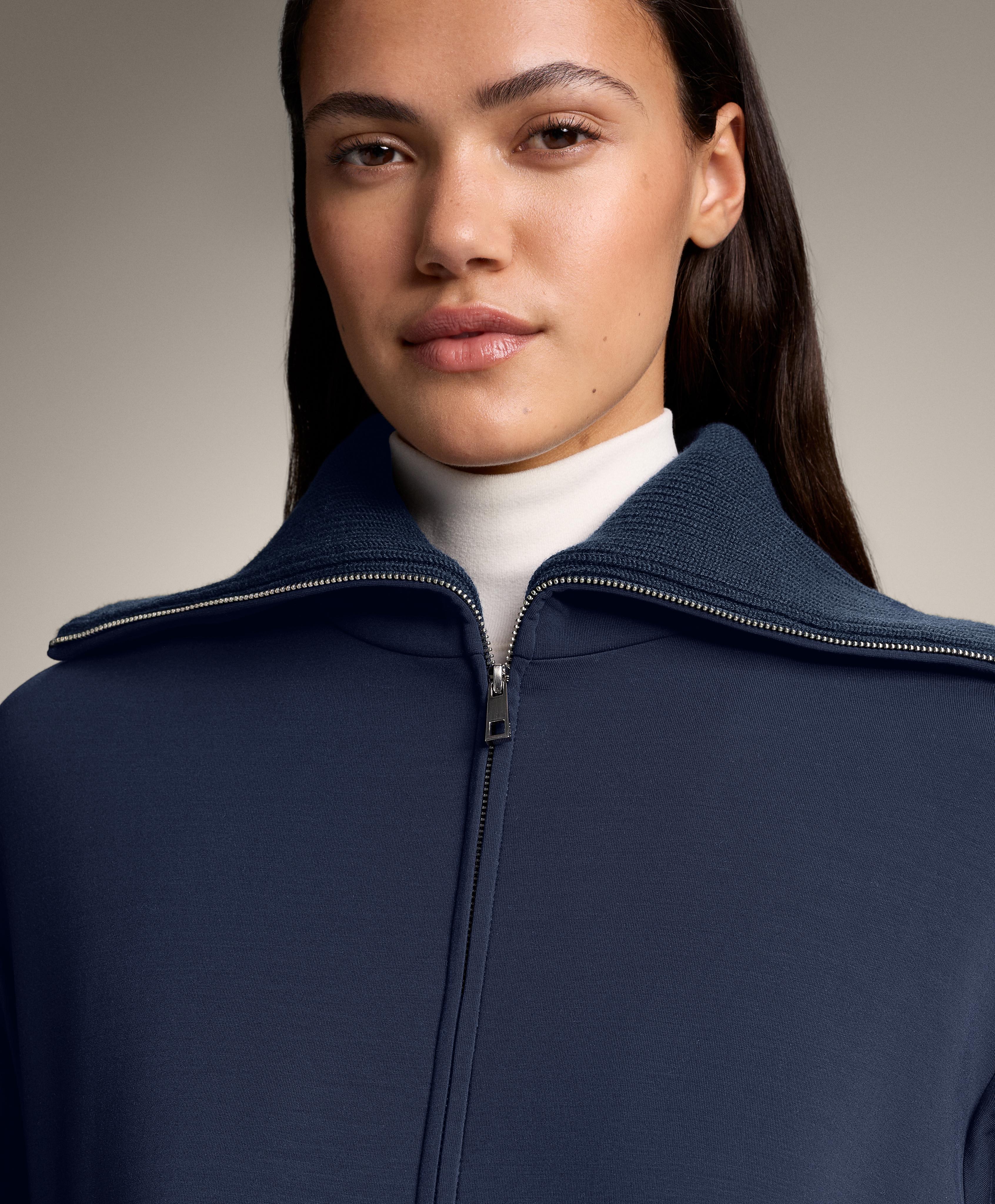 Adjustable waist knit collar jacket with brushed modal — NAVY BLUE