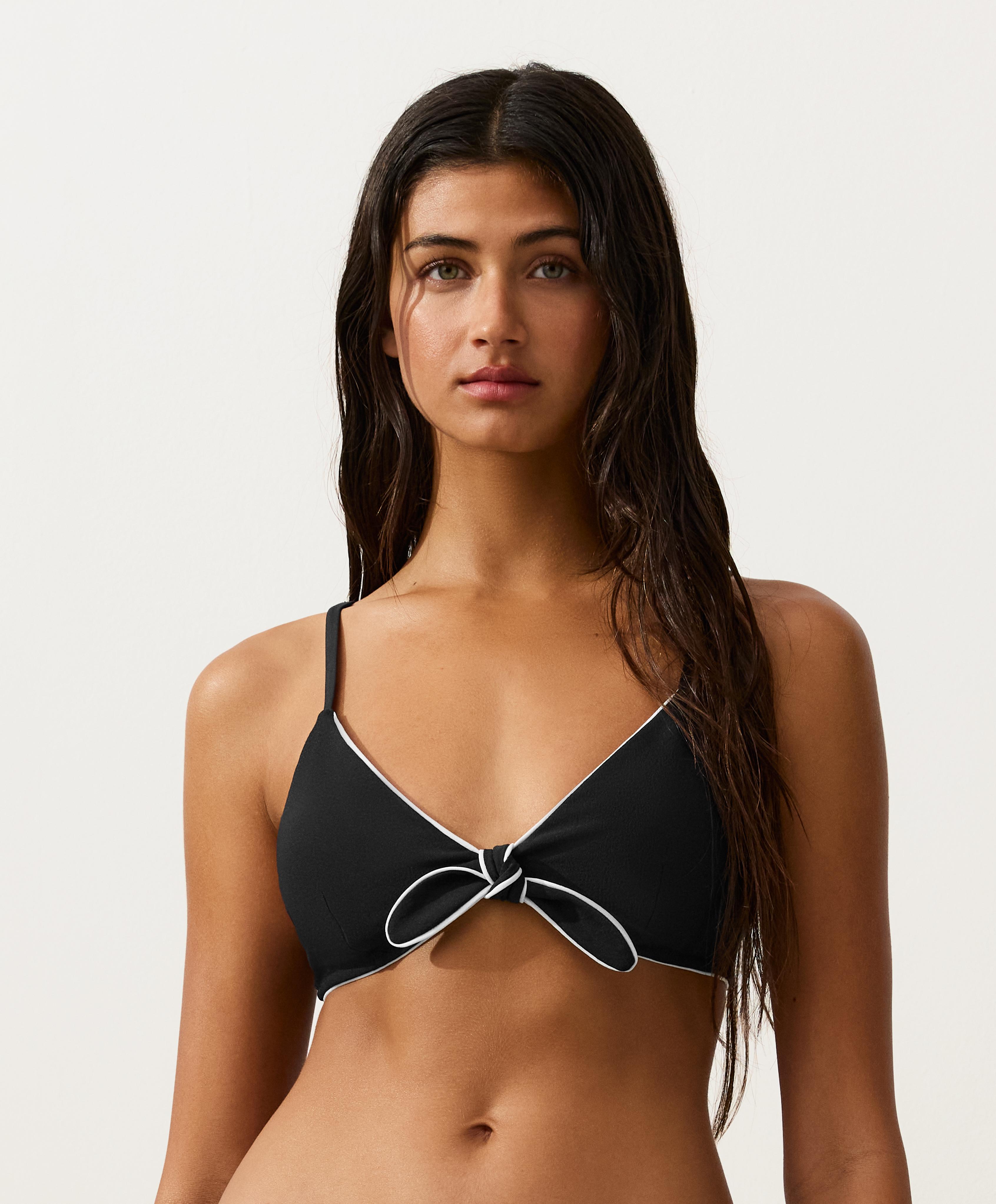 Piping triangle bikini top with ties — BLACK
