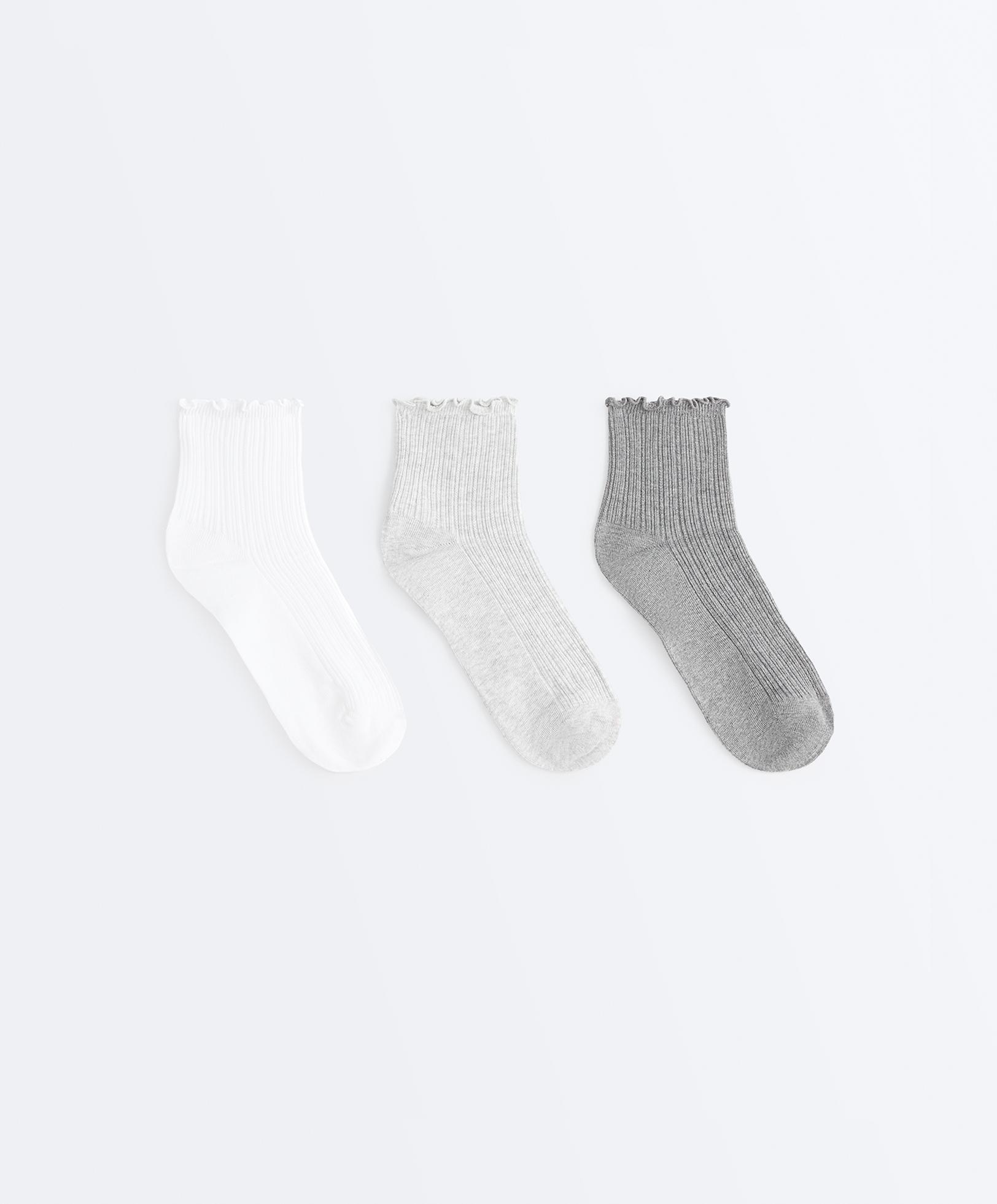 3 pairs of cotton blend quarter socks with curled edge — GREY MELANGE