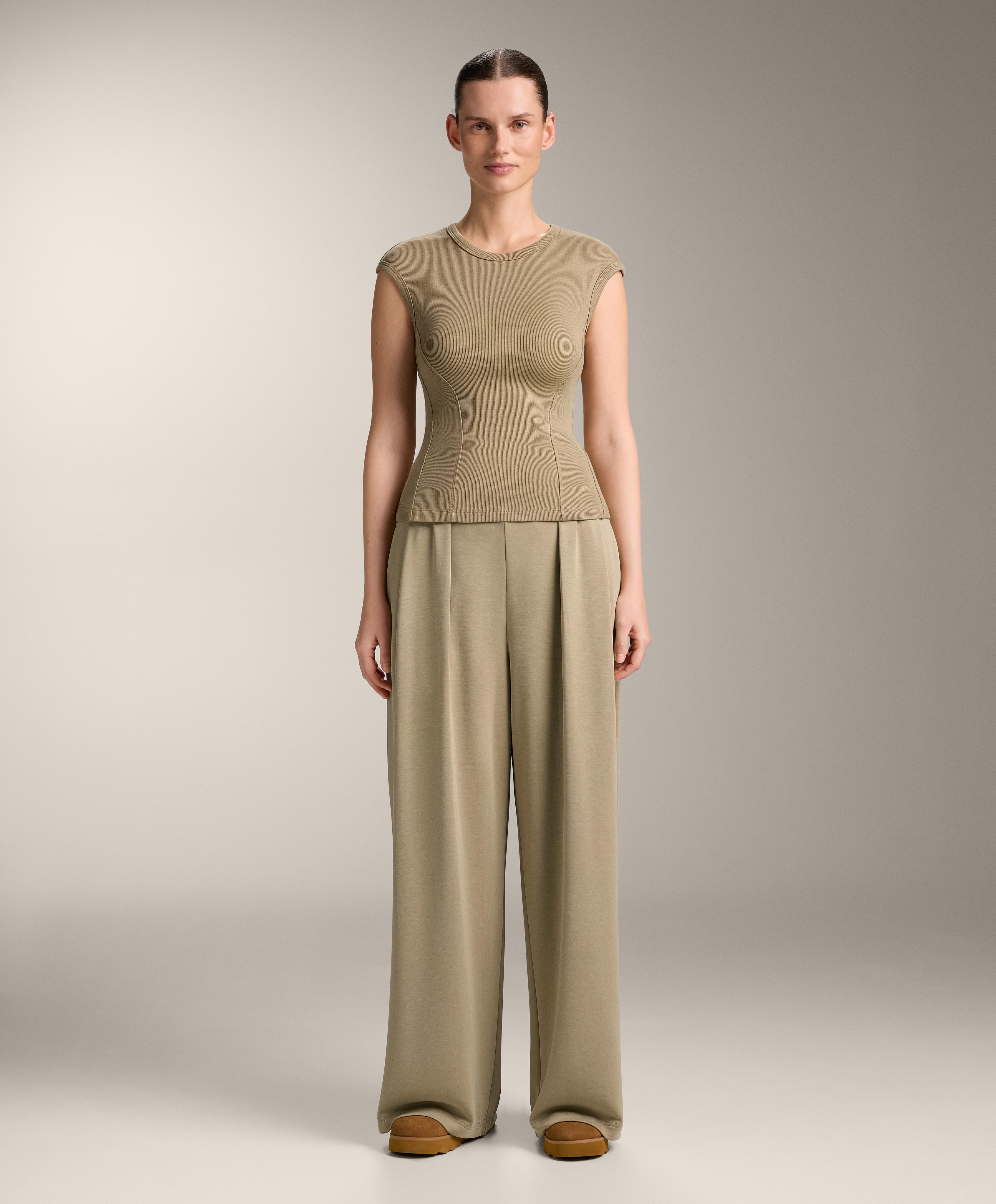 Short-sleeved rib top with cotton and modal — GREEN BEIGE
