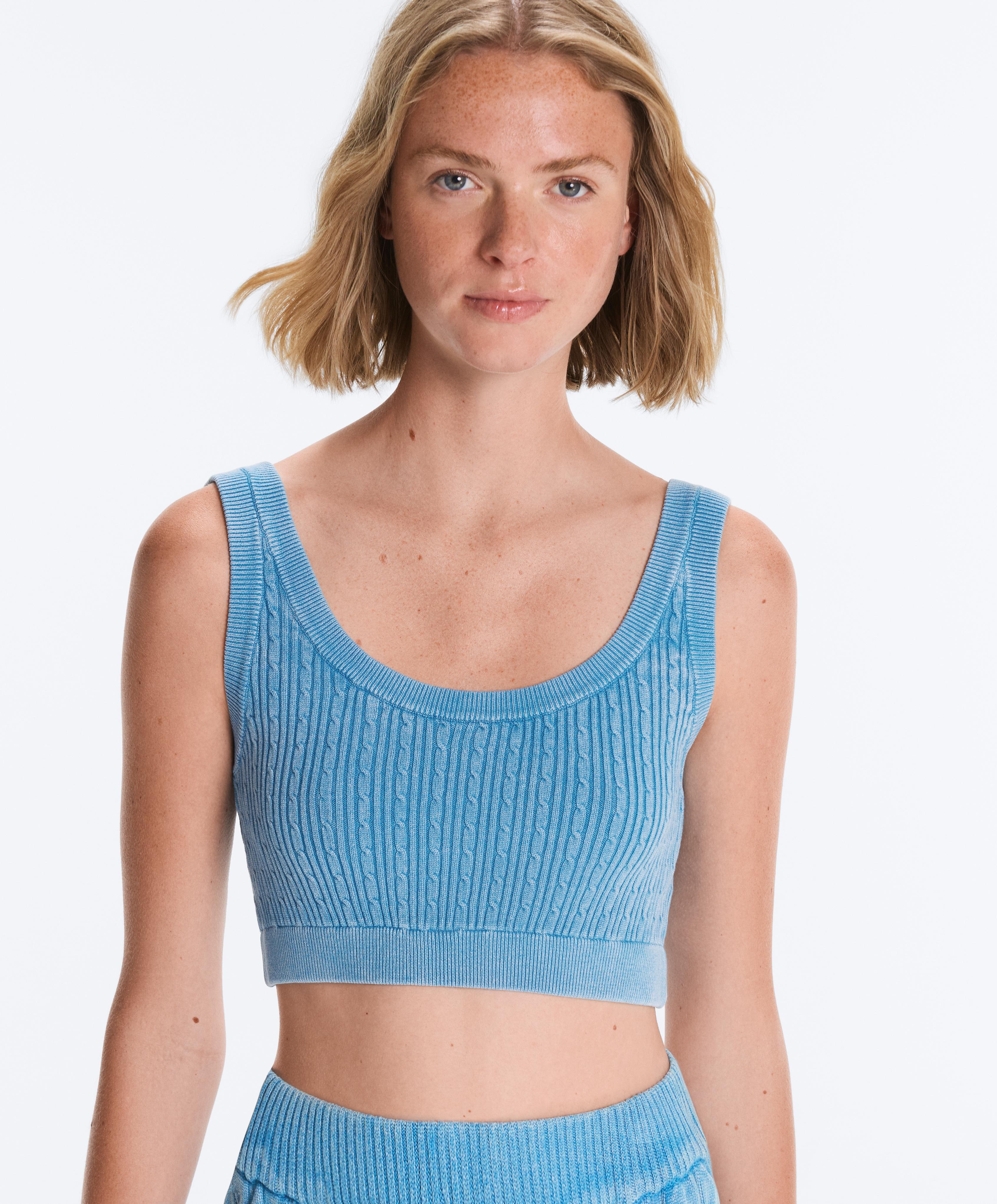 Washed knit crop cable strap T-shirt — WASHED SKY BLUE