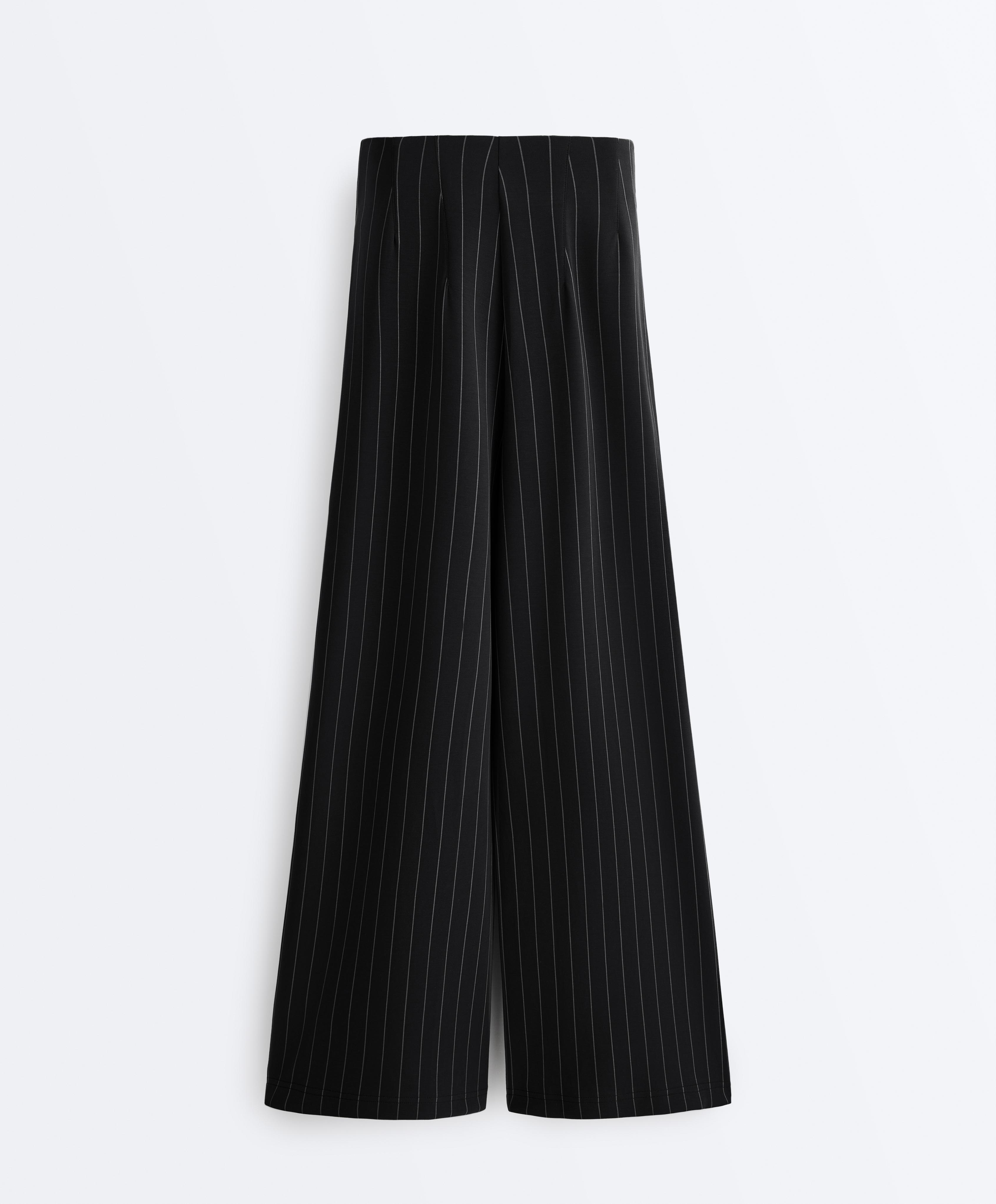 Soft touch pinstripe wide leg high rise trousers — BLACK