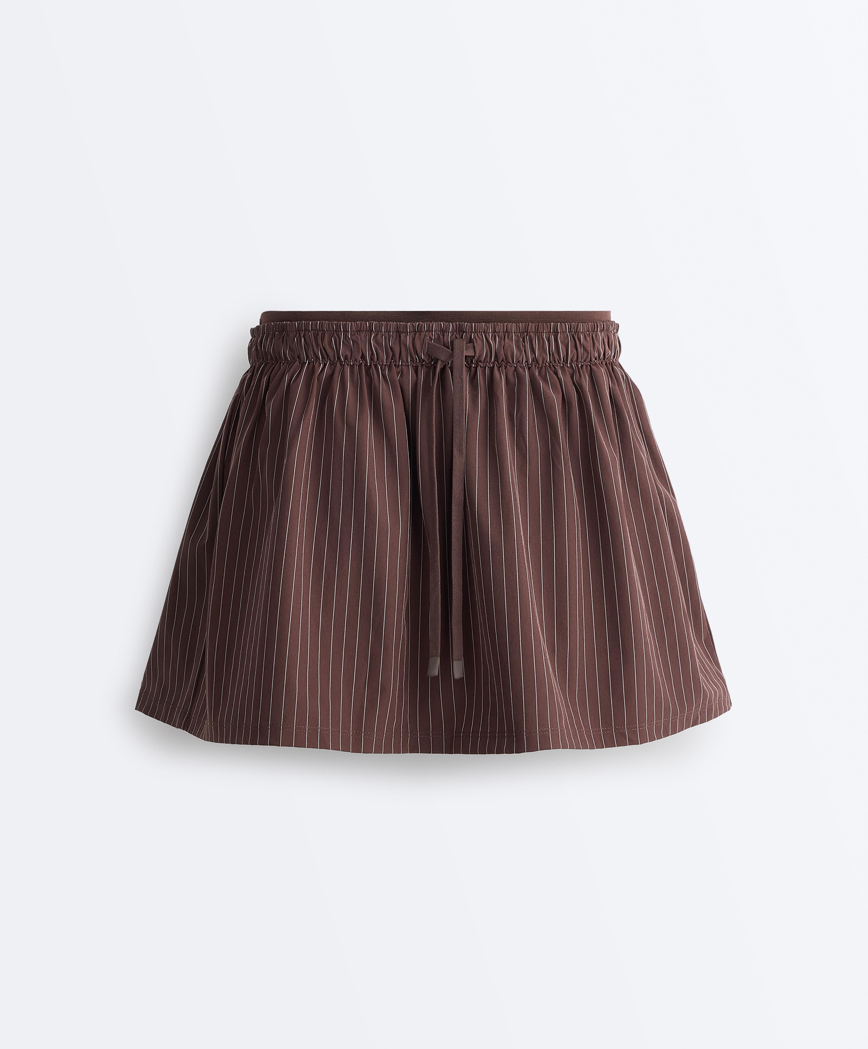 Pinstripe double-waist mini skirt — CHOCOLATE