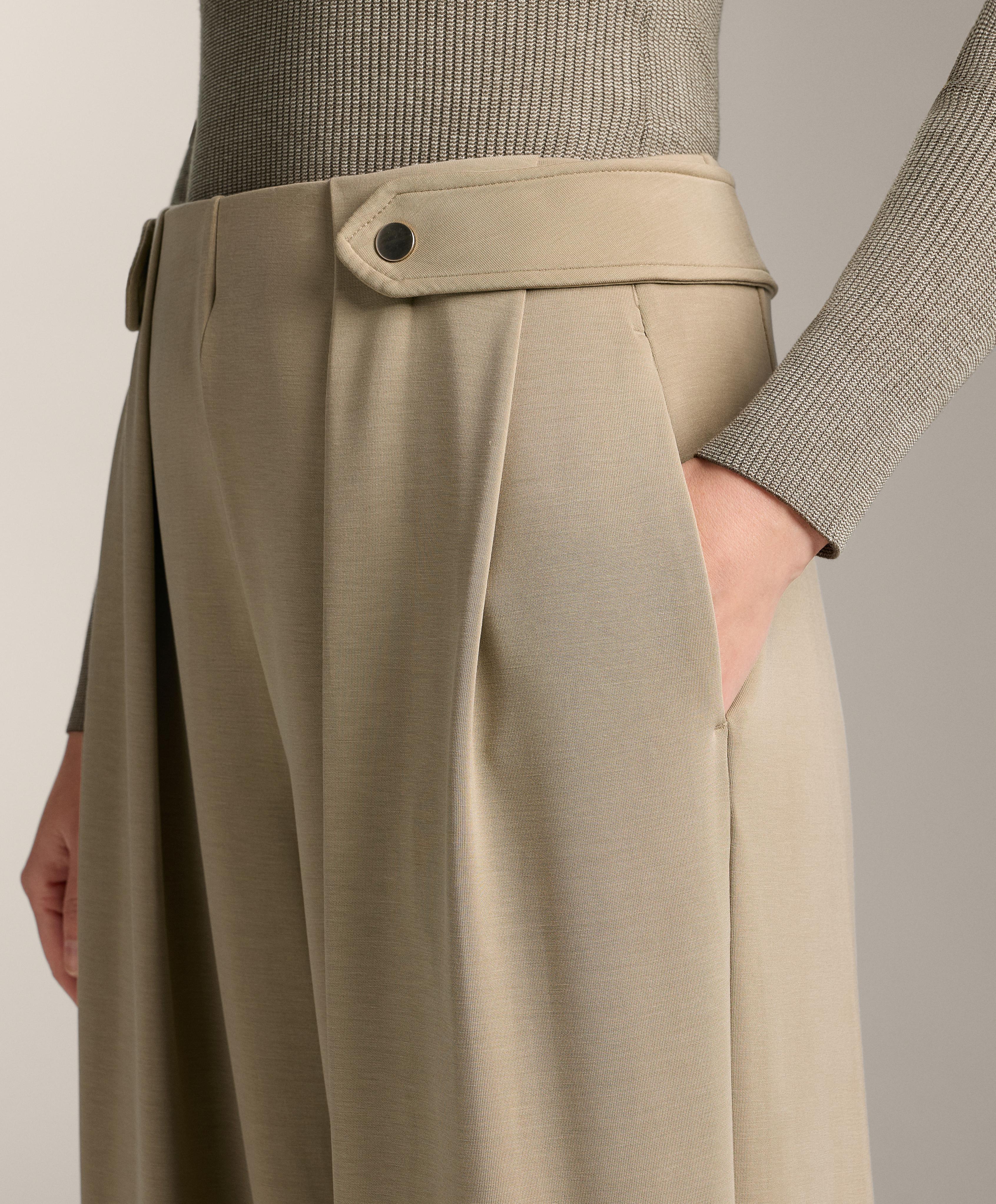 Soft-touch modal wide-leg trousers with pleat waist detail — GREEN BEIGE