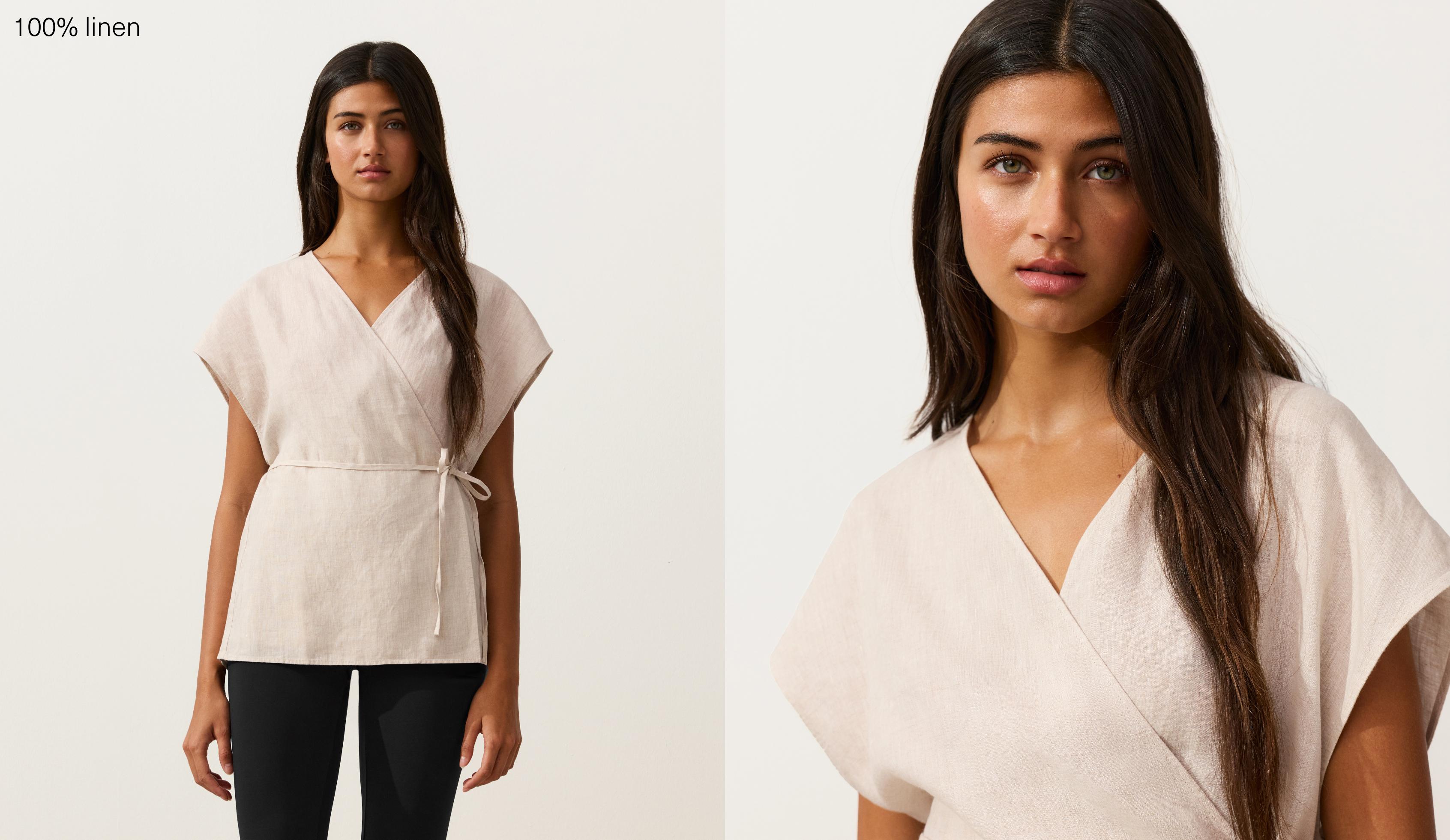 100% linen wrap shirt with tie — SAND MELANGE