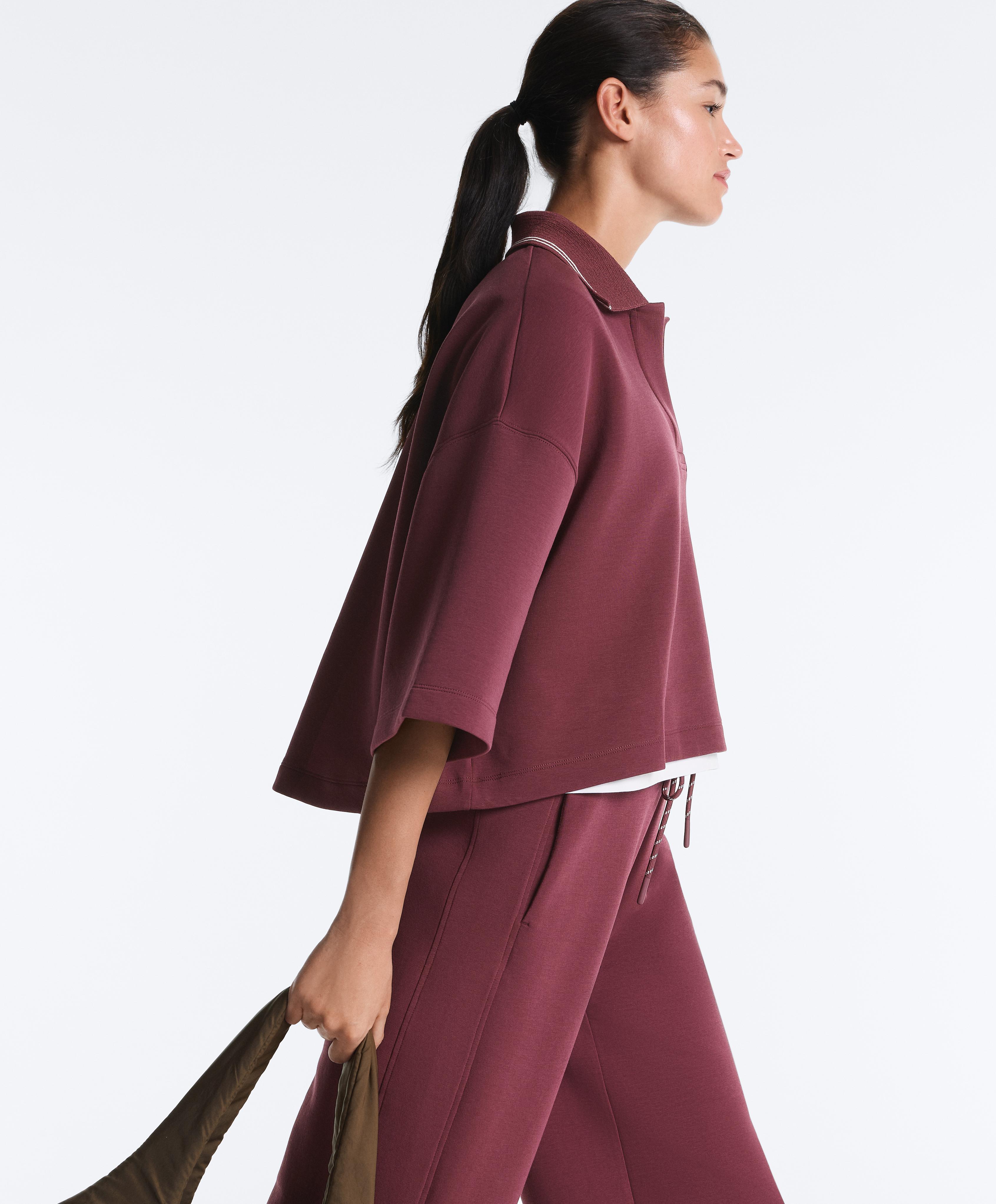 Cotton blend polo sweatshirt with wide sleeves — CHERRY