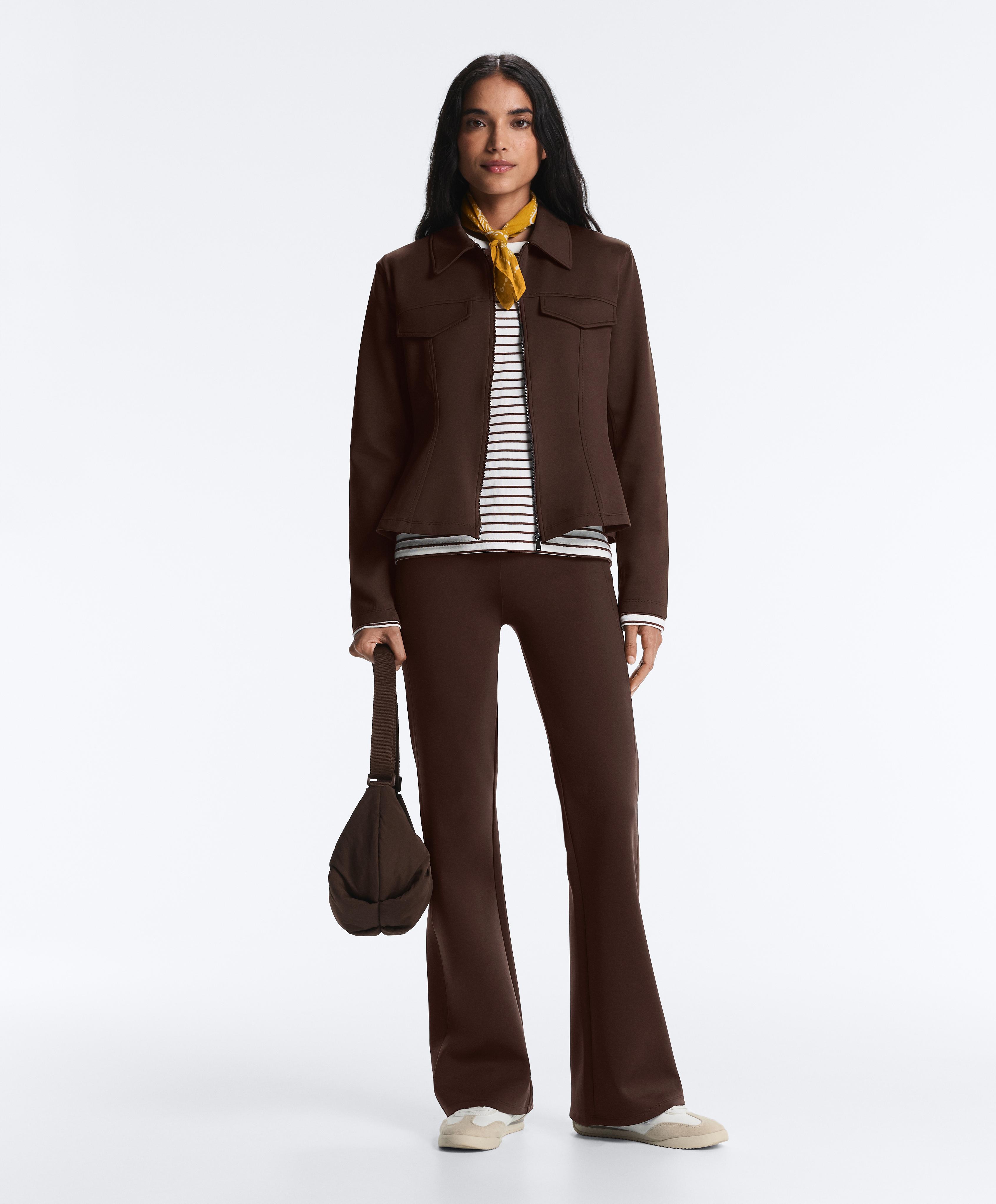 Neoprene-effect peplum jacket with ribbing — BROWN