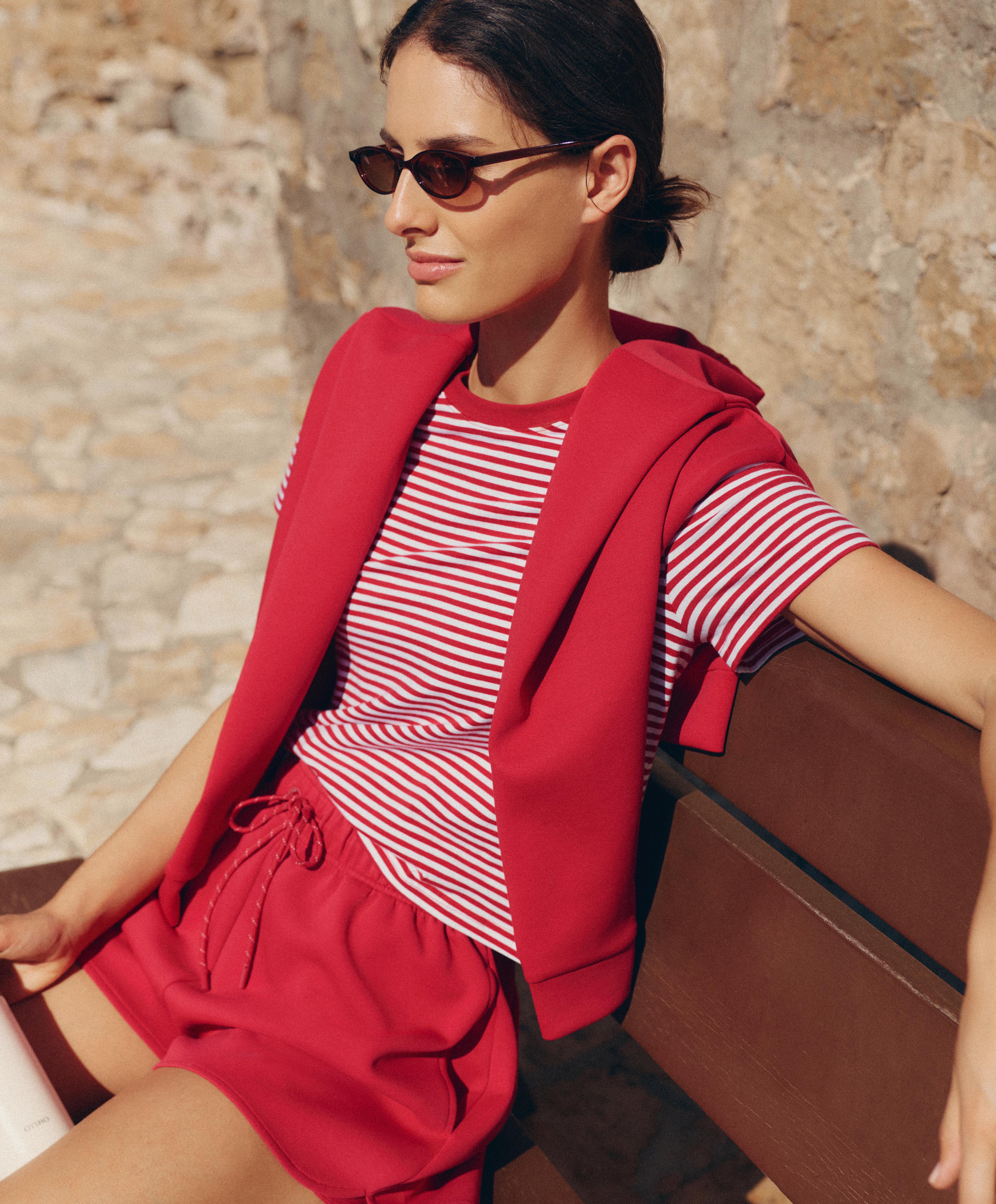 Regular fit striped cotton-blend short-sleeved T-shirt — RED