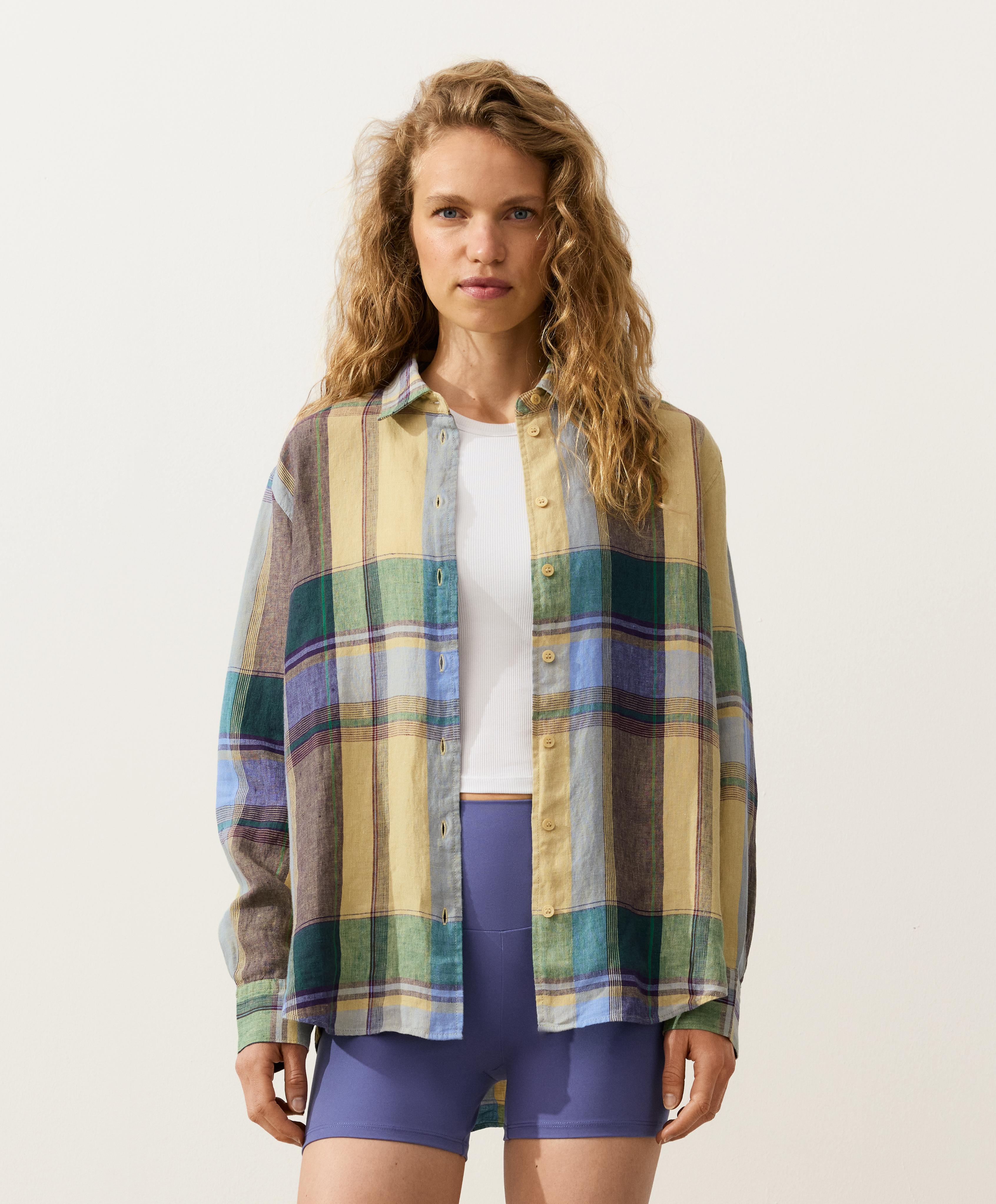 100% linen regular check shirt — MID-YELLOW